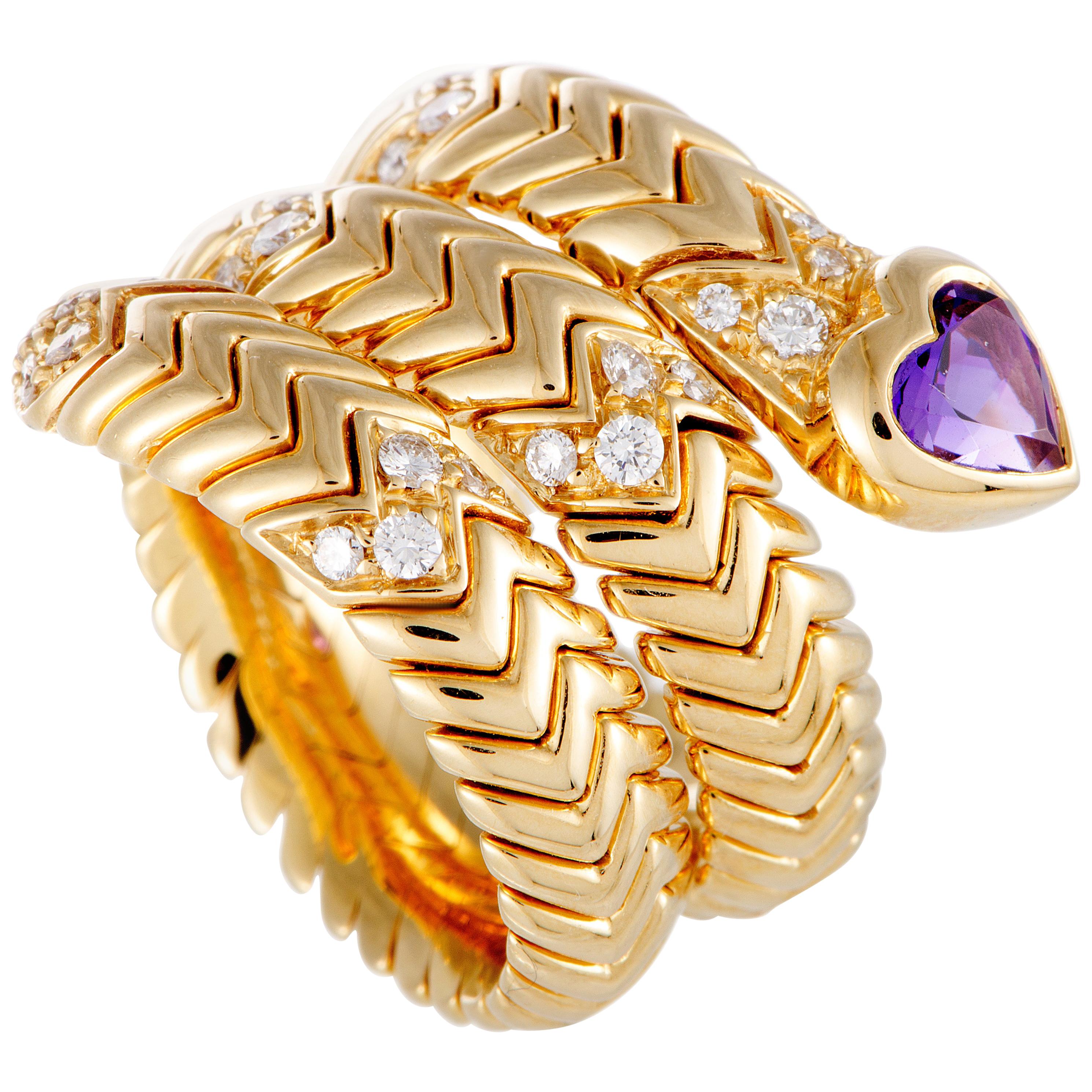 Bulgari Spiga Diamond and Amethyst Yellow Gold Heart Band Ring
