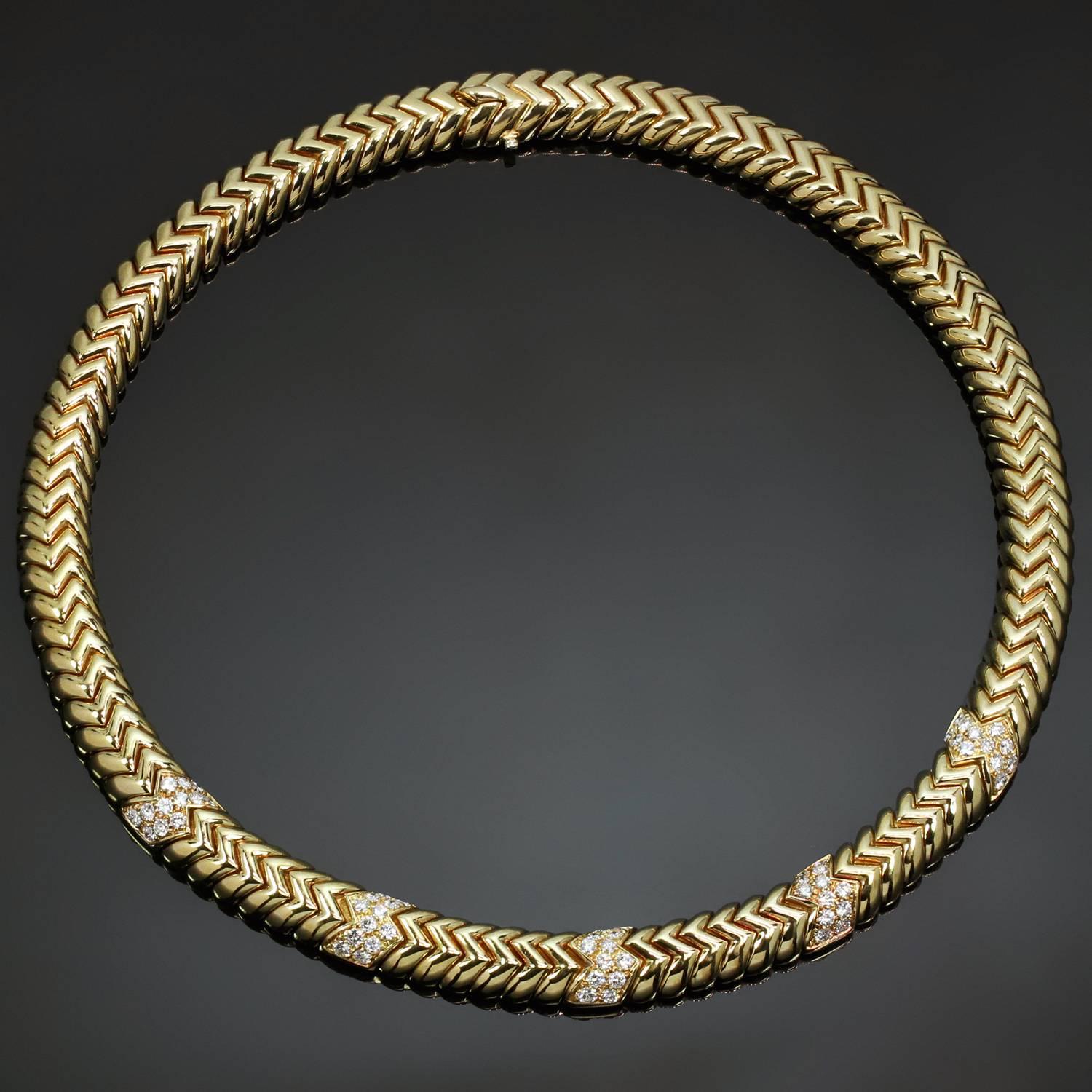 This fabulous Bulgari necklace from the famous Spiga collection features chic geometric links crafted in 18k yellow gold and accented with brilliant-cut diamonds of an estimated 3.60 carats. Made in Italy circa 1990s. Measurements: 0.38