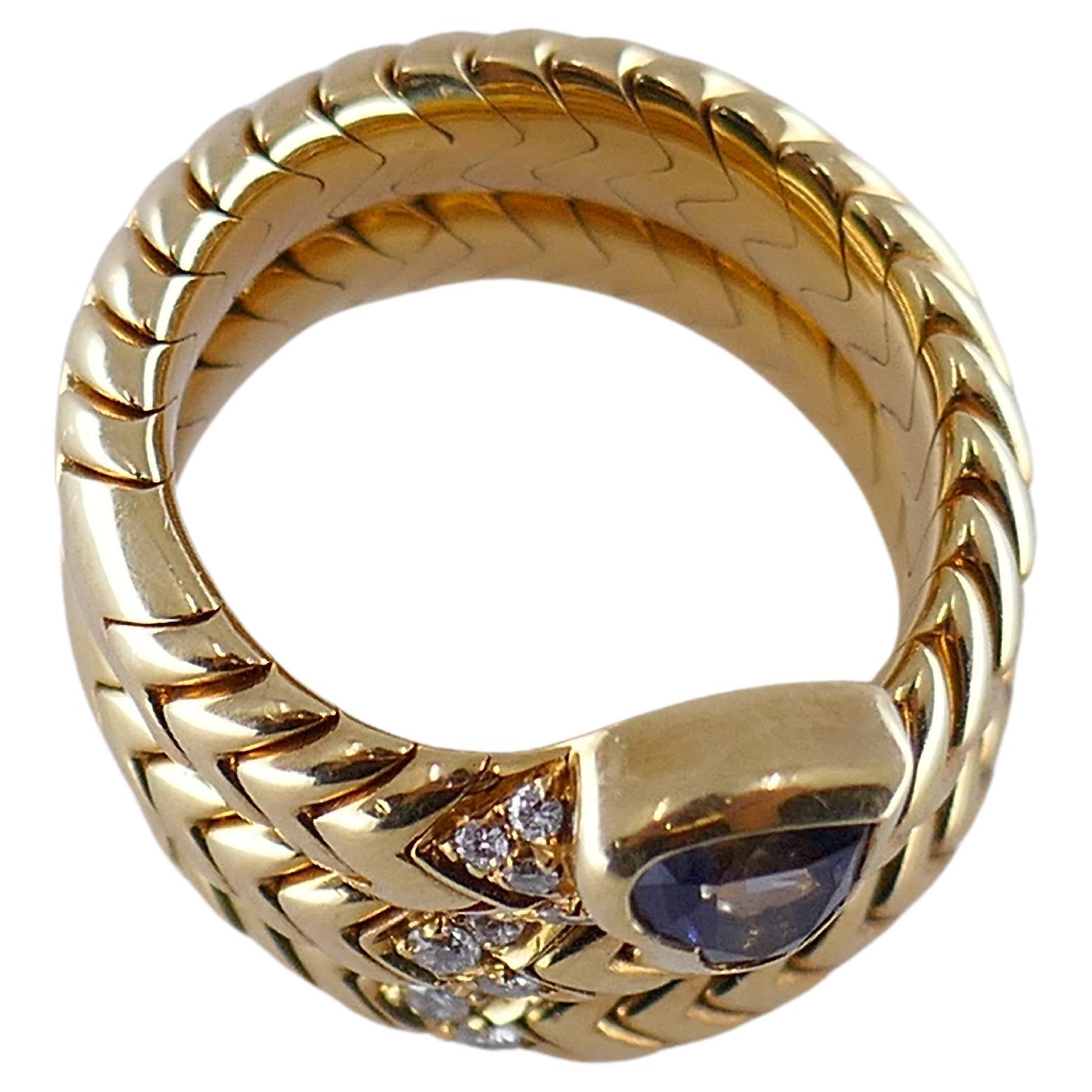 Bulgari Spiga Ring Gold Diamond Sapphire In Excellent Condition For Sale In Beverly Hills, CA