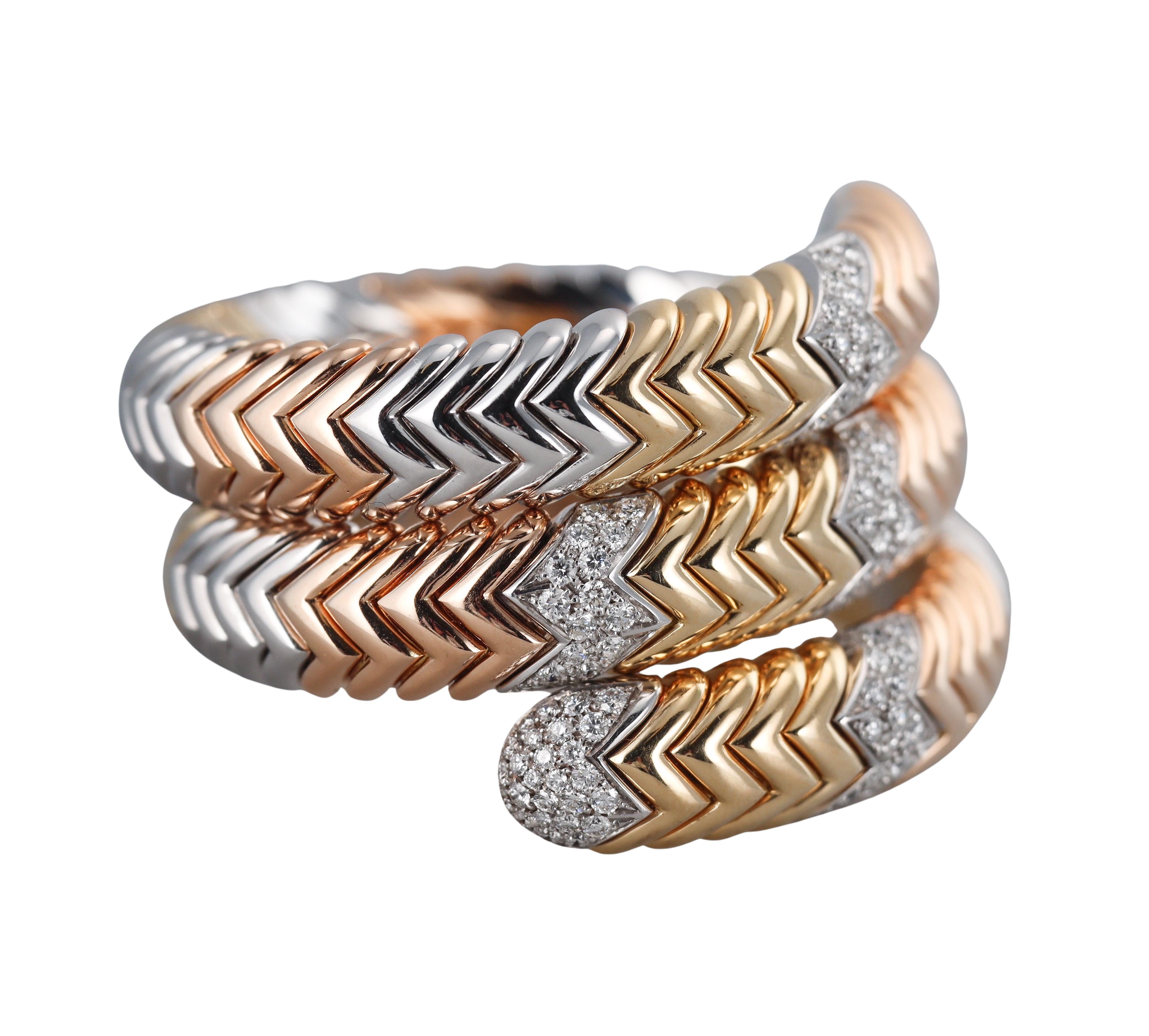 Round Cut Bulgari Spiga Tri Color Gold Diamond Wrap Coil Bracelet For Sale