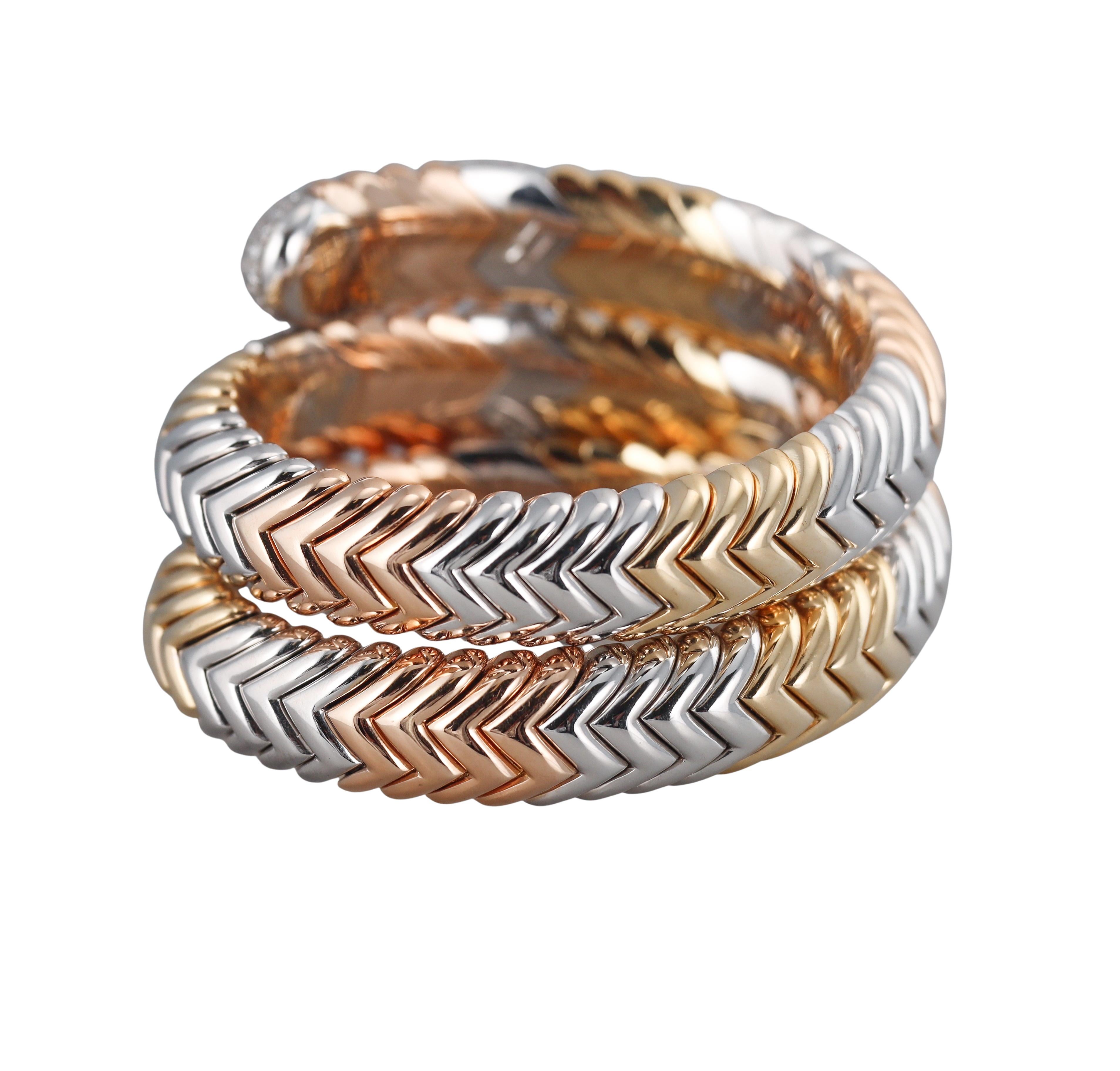 Bulgari Spiga Tri Color Gold Diamond Wrap Coil Bracelet In Excellent Condition For Sale In New York, NY
