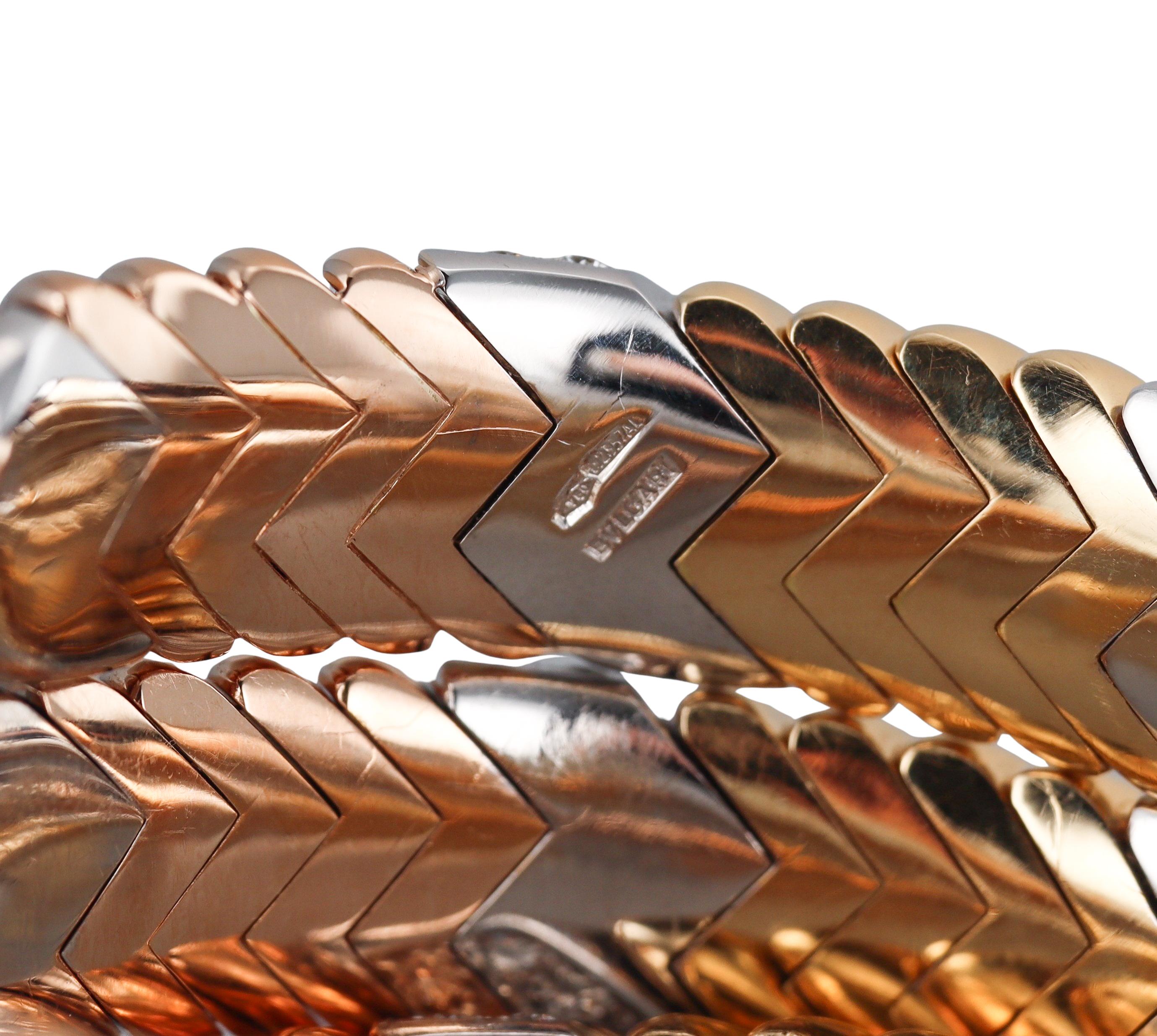 Women's Bulgari Spiga Tri Color Gold Diamond Wrap Coil Bracelet For Sale