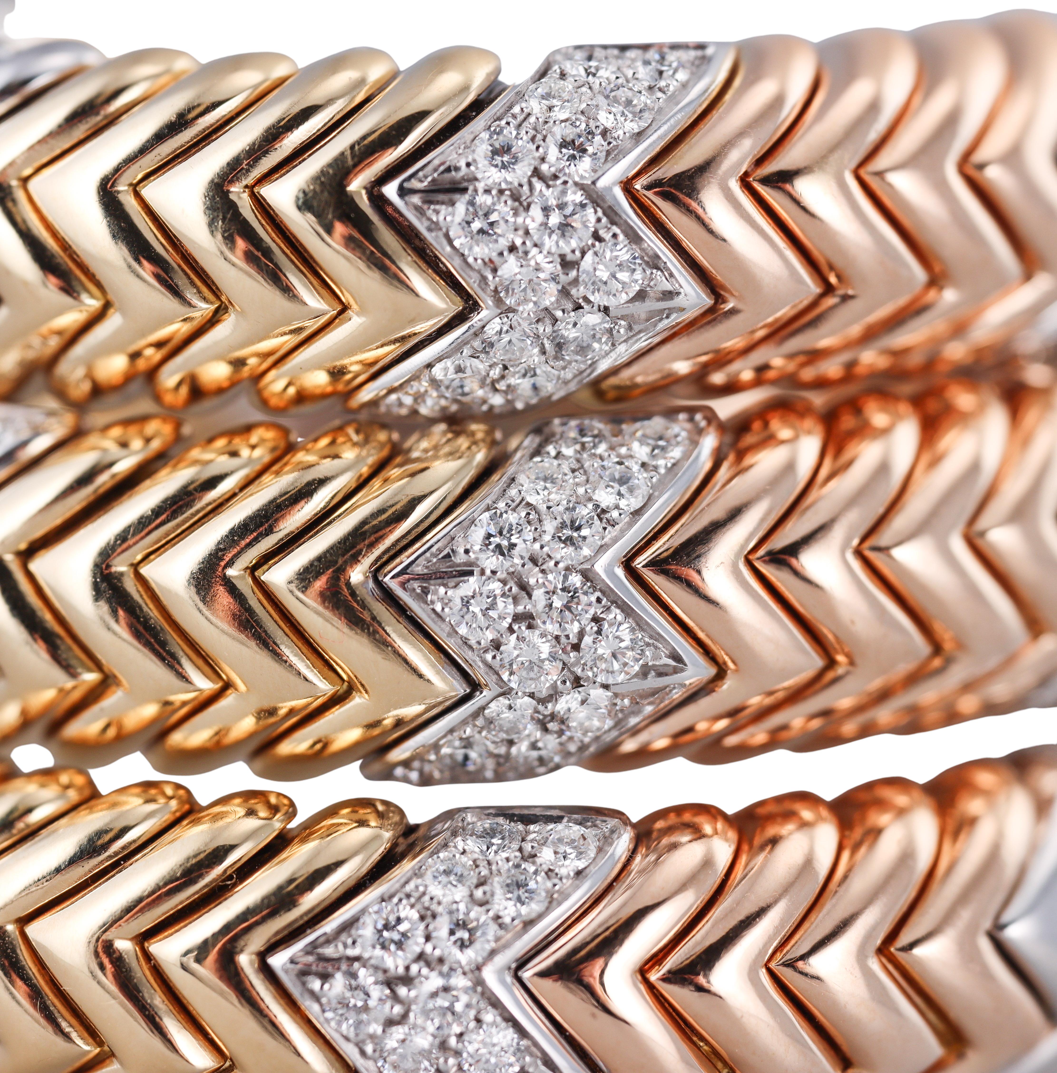 Bulgari Spiga Tri Color Gold Diamond Wrap Coil Bracelet For Sale 2