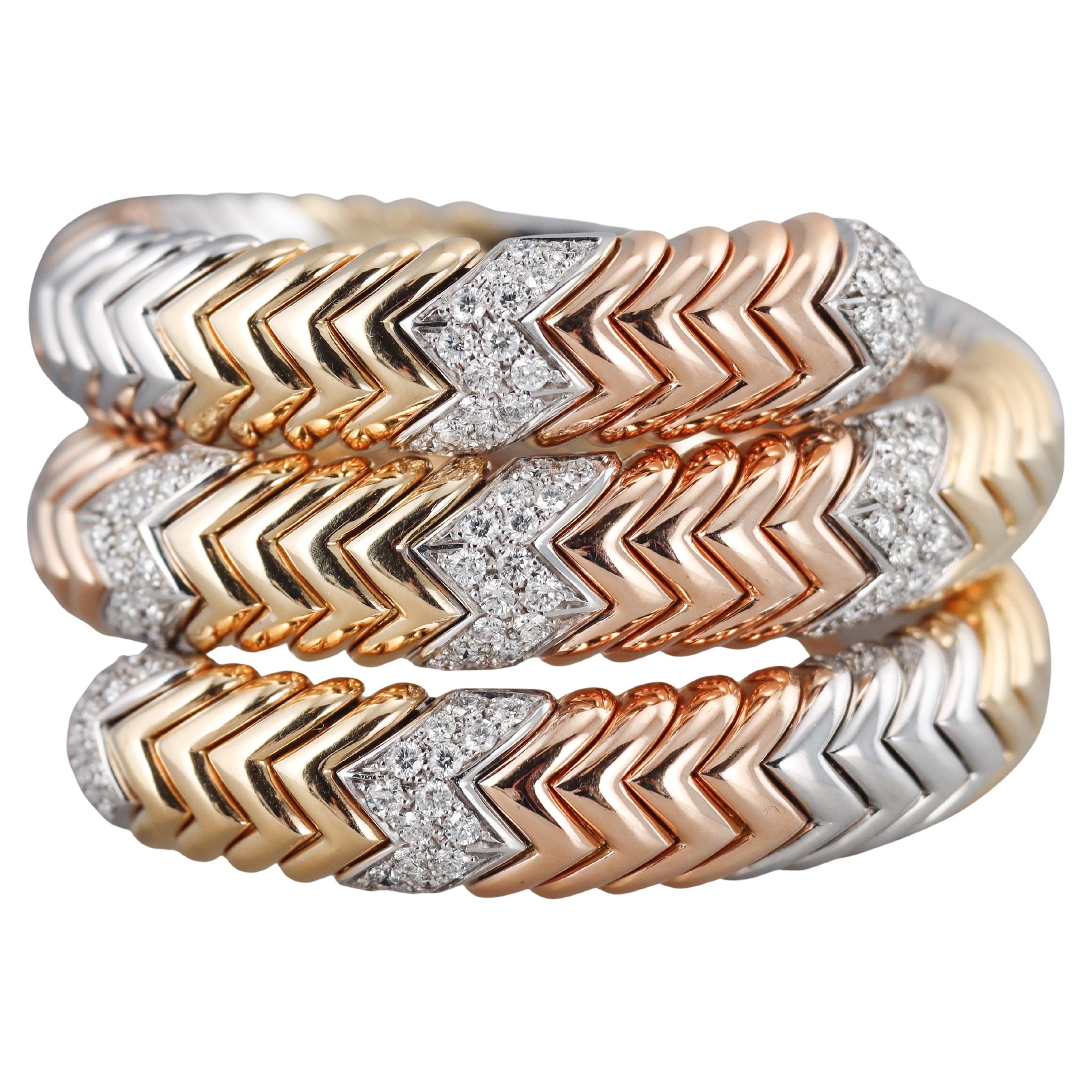 Bulgari Spiga Tri Color Gold Diamond Wrap Coil Bracelet