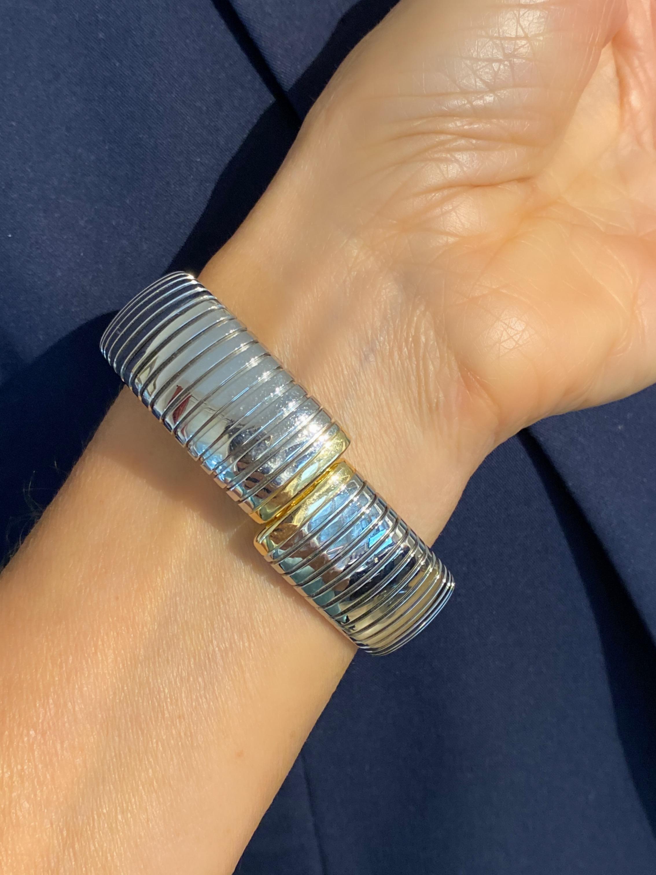 Bulgari Stainless Steel and 18 Karat Yellow Gold Parentesi Tubogas Cuff Bangle For Sale 3