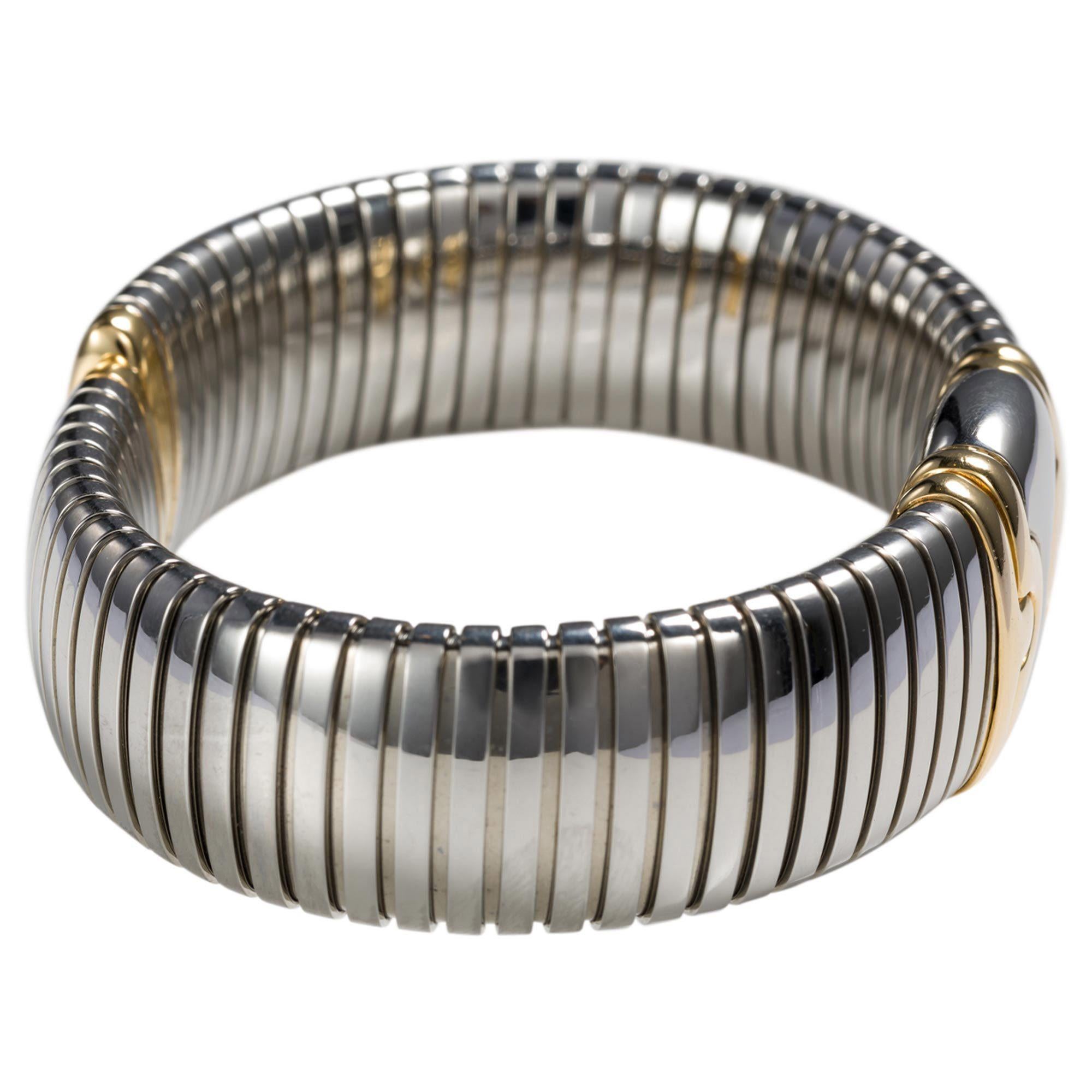 Retro Bulgari Stainless Steel and 18 Karat Yellow Gold Parentesi Tubogas Cuff Bangle For Sale