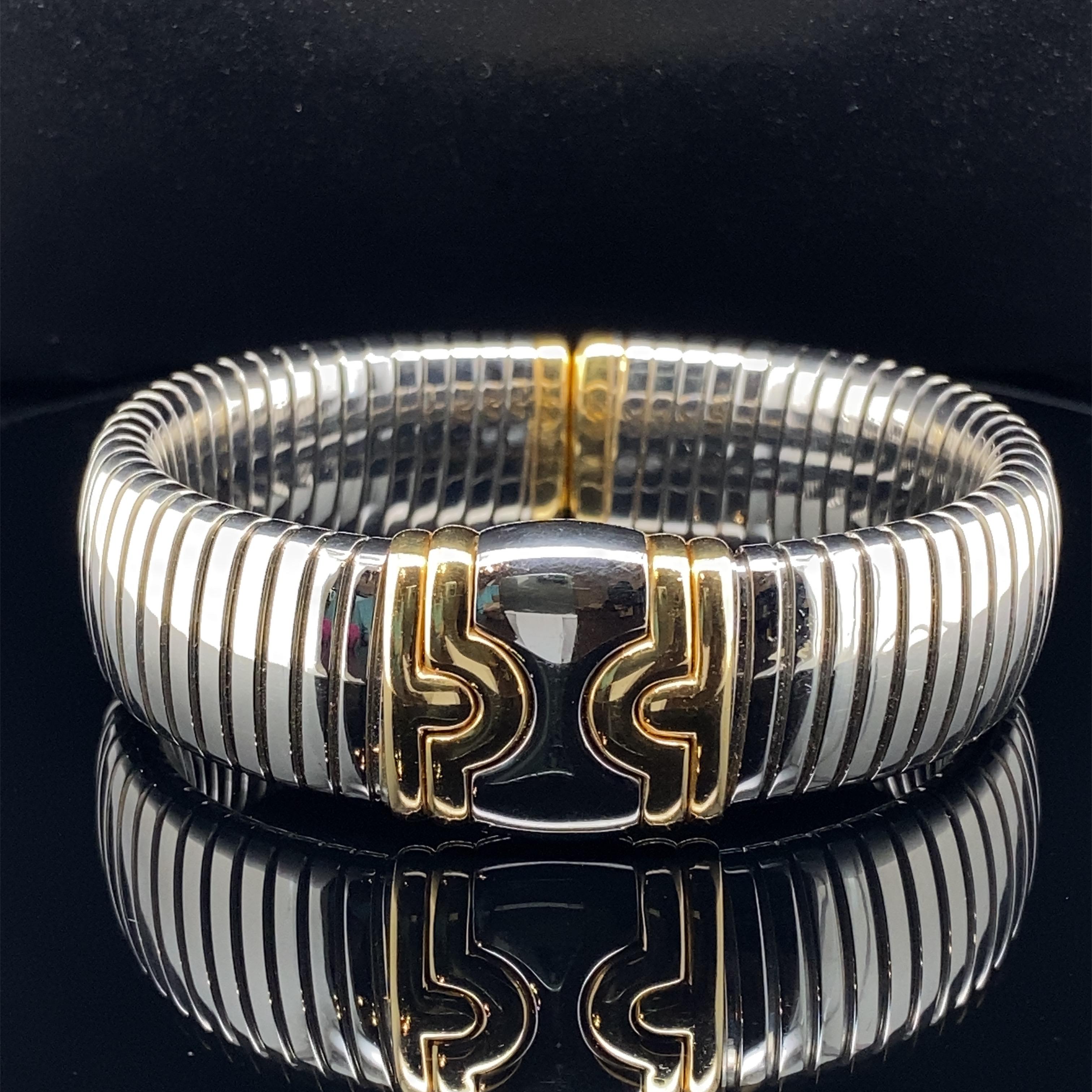 Bulgari Stainless Steel and 18 Karat Yellow Gold Parentesi Tubogas Cuff Bangle In Good Condition For Sale In QLD , AU