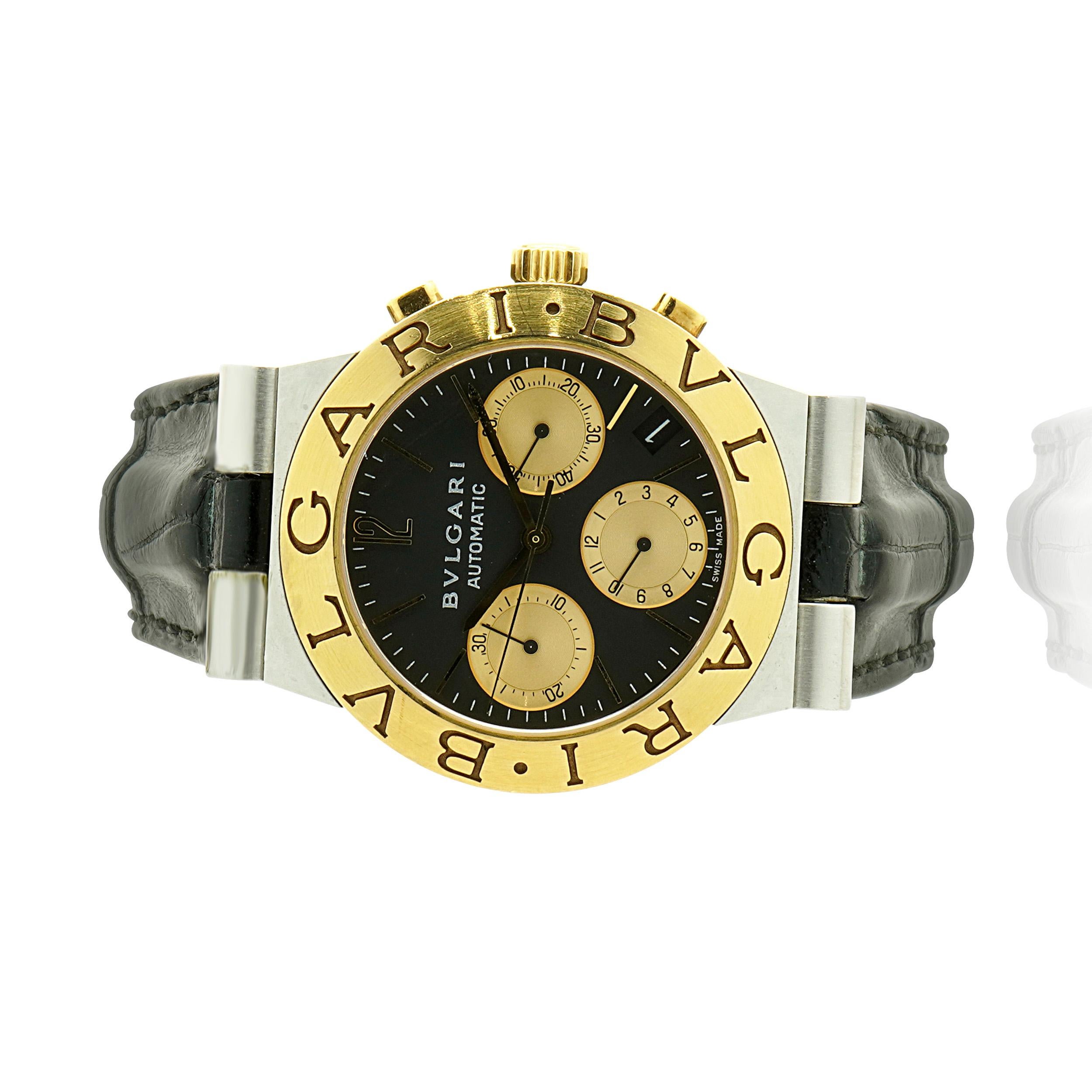 Movement: automatic
Function: hours, seconds, minutes, date, chronograph
Case: 36mm steel and 18k gold case, sapphire crystal, push/pull crown 
Band: black leather strap, buckle
Dial: black with gold sub dials
Serial #: D1XXX
Reference #: CH35SG

No