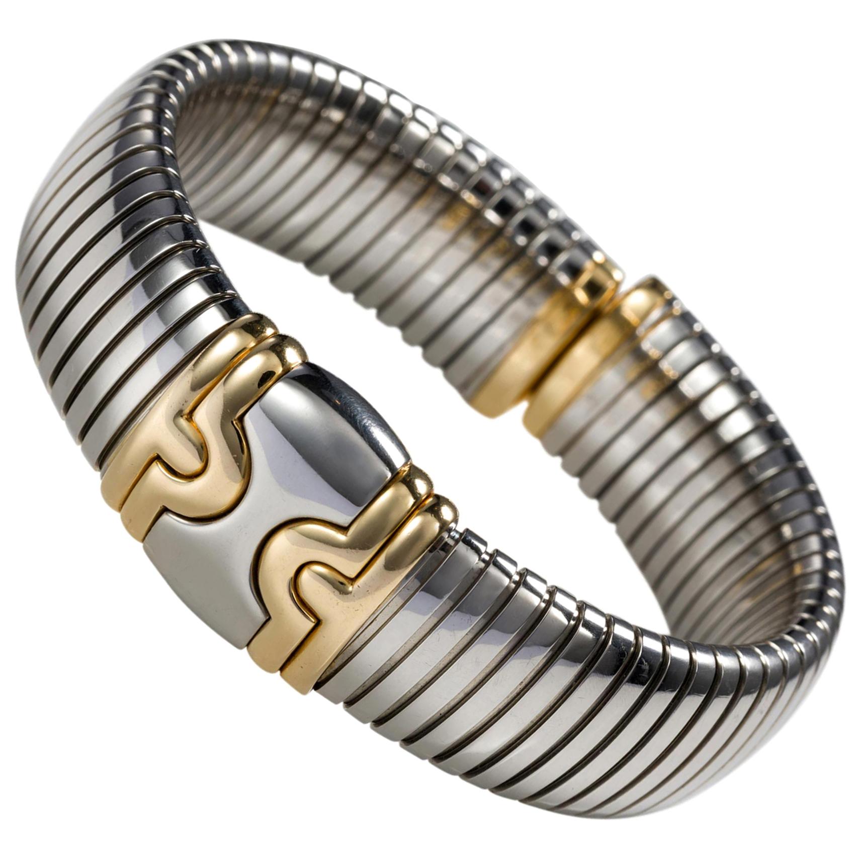 Bulgari Stainless Steel and 18 Karat Yellow Gold Parentesi Tubogas Cuff Bangle For Sale