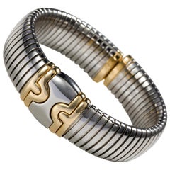 Bulgari Stainless Steel and 18 Karat Yellow Gold Parentesi Tubogas Cuff Bangle