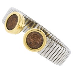 Bulgari Stainless Steel and Gold Bezel Set Coin Bracelet