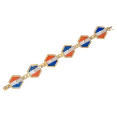Bulgari Stars and Stripes 1970's Diamond Coral Lapis 18K Gold Vintage Bracelet