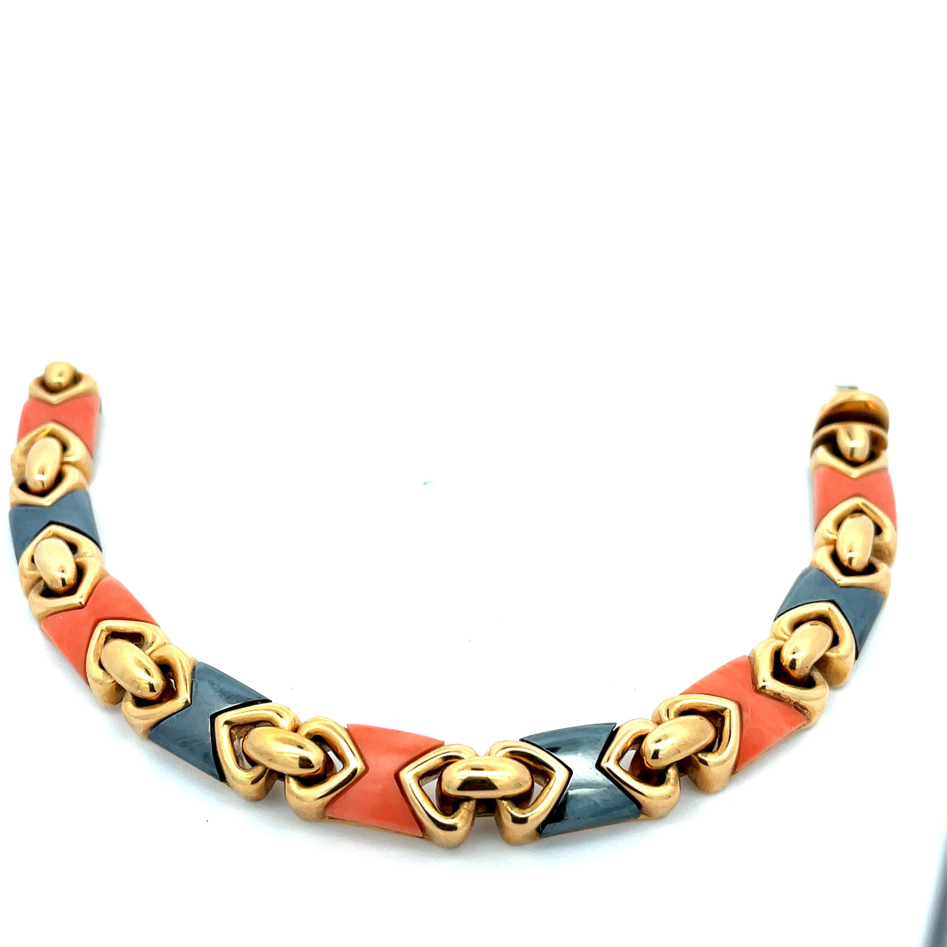 Mixed Cut Bulgari Stunning Vintage Coral and Hematite Gold Bracelet For Sale