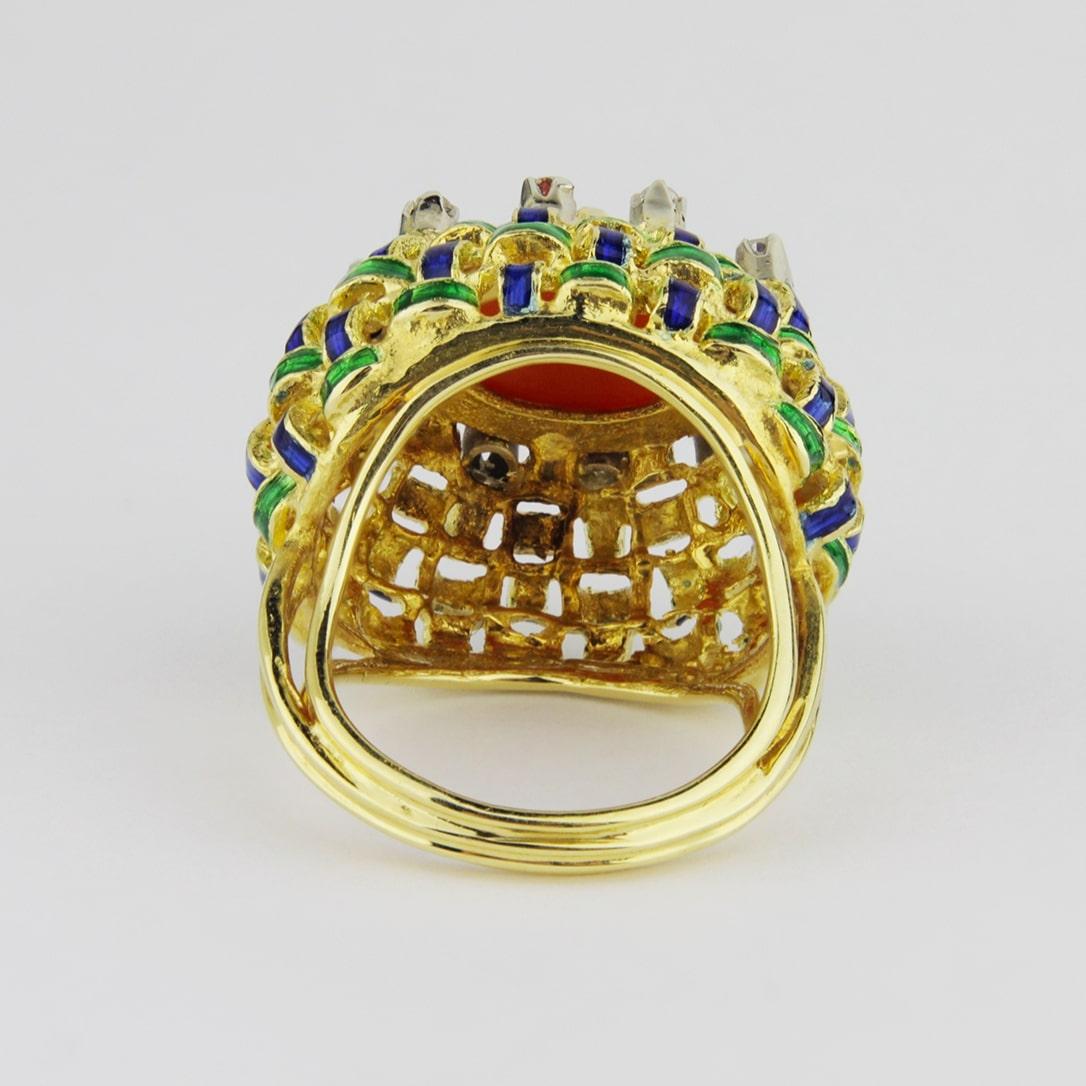 Retro Bulgari Style, 18 Karat Gold, Enamel, Coral and Diamond Ring