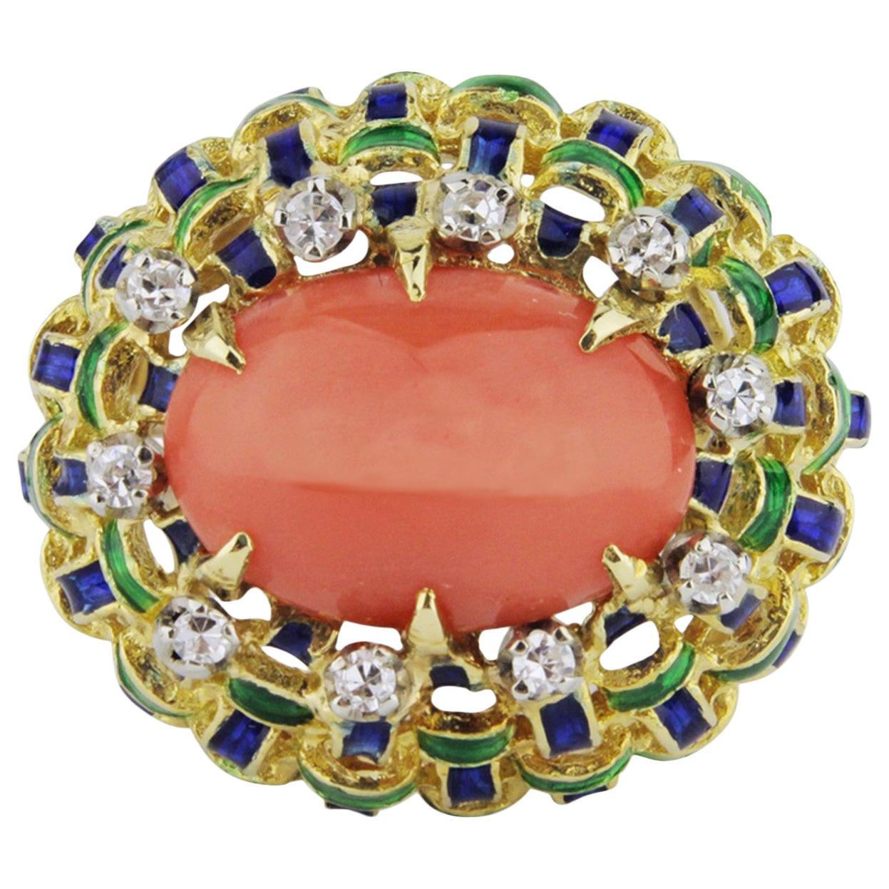 Bulgari Style, 18 Karat Gold, Enamel, Coral and Diamond Ring