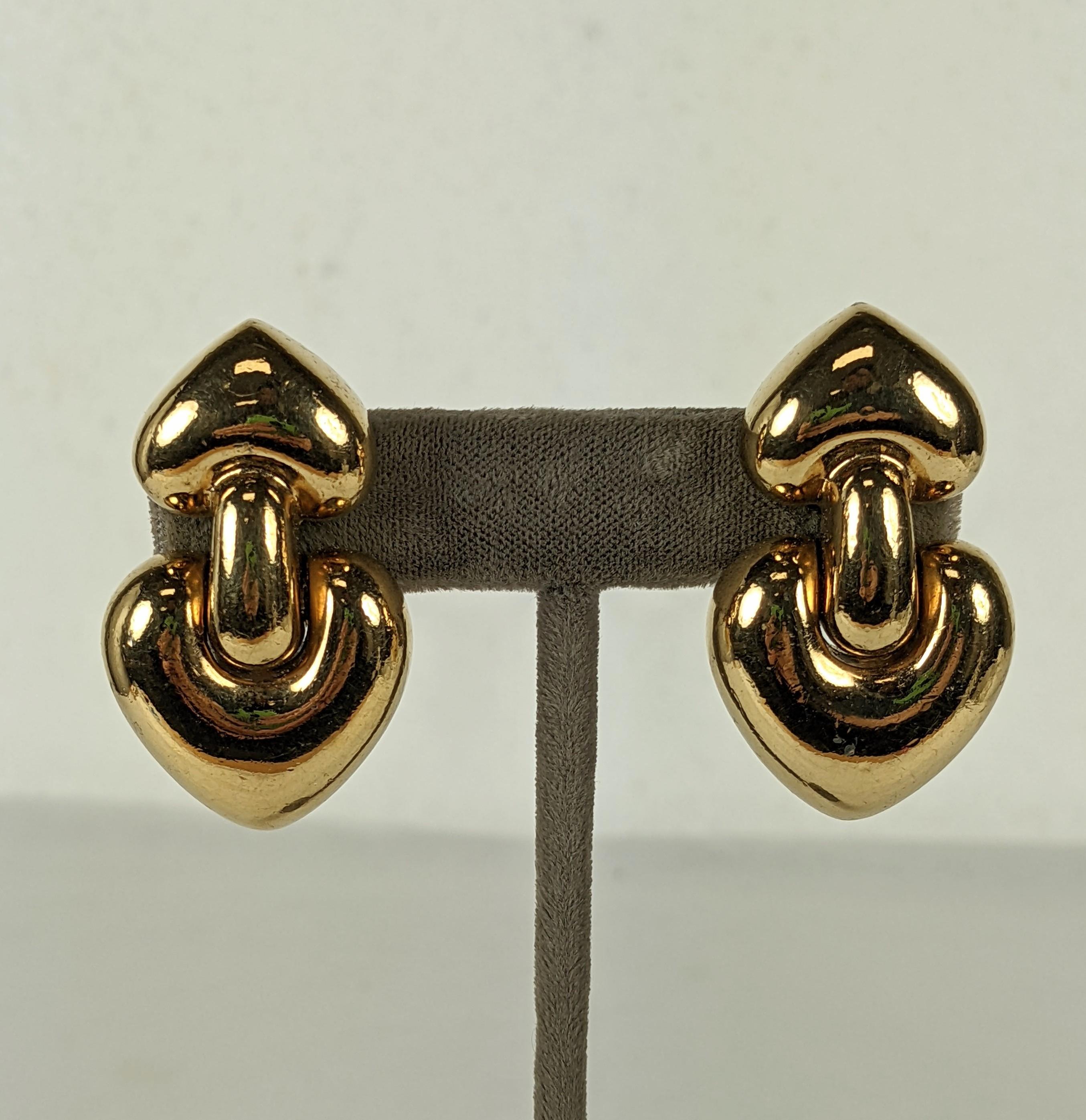 Bold Bulgari Style Gold Door Knocker Earrings by Ciner, NY. Gold plated articulated earrings with clip back fittings. 1990's USA.  1.75