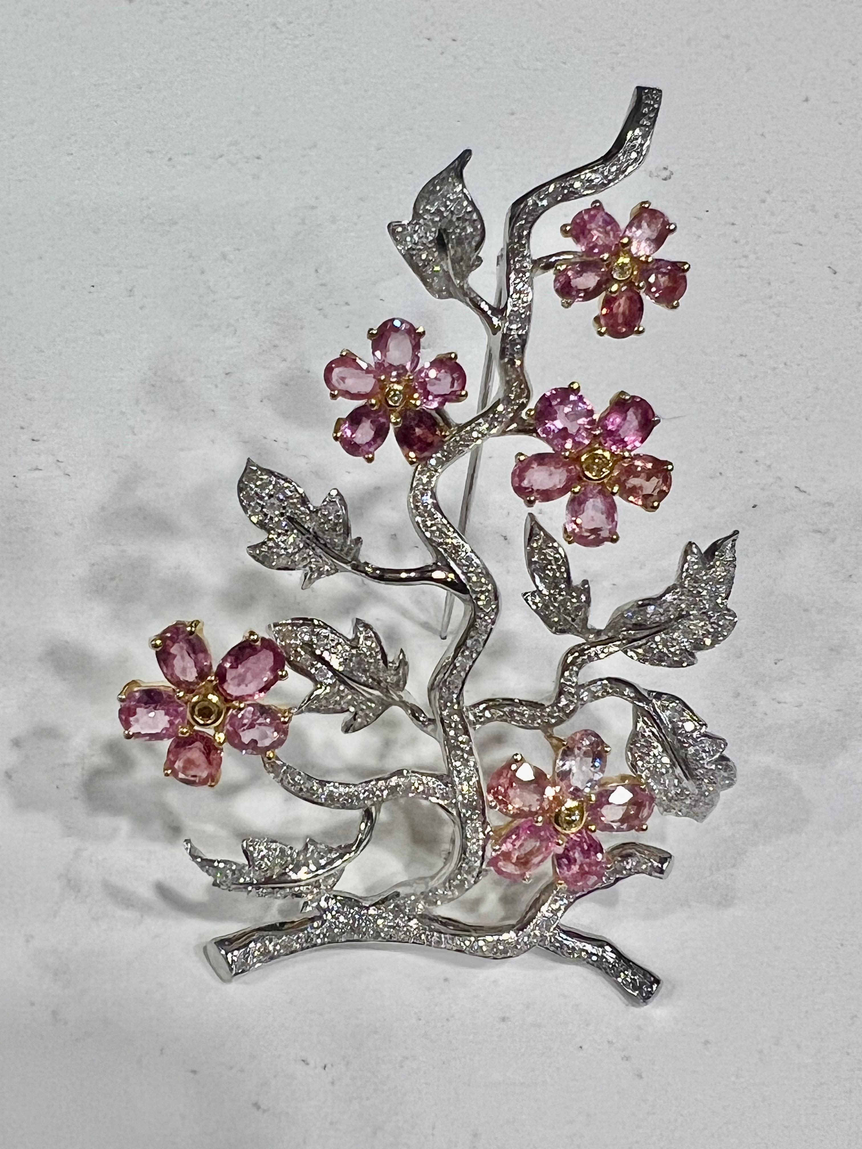 Bulgari Eden Garden Collection inspired Pink Tourmalines and Yellow Sapphires flowers with  pavé of Diamonds branch in 18k Gold white & yellow gold Brooche 
Recreating an extraordinary world, where nature is celebrated in all its forms and is