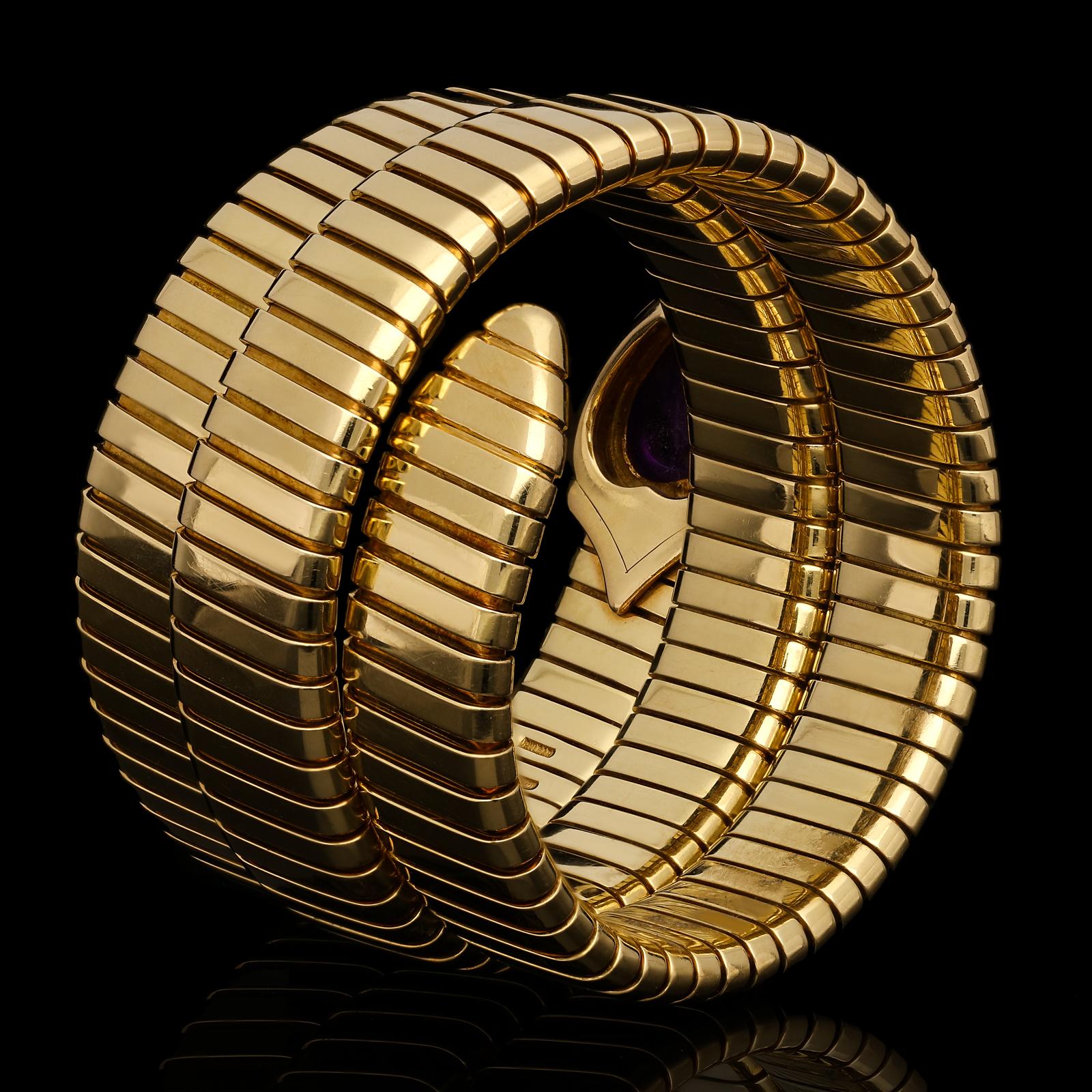 Cabochon Bulgari Stylish Serpenti Tubogas Gold and Amethyst Bracelet