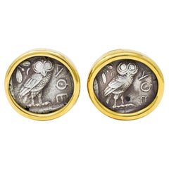 Bulgari Substantial Silver Ancient Coin 18 Karat Gold Athens Monete Cufflnks