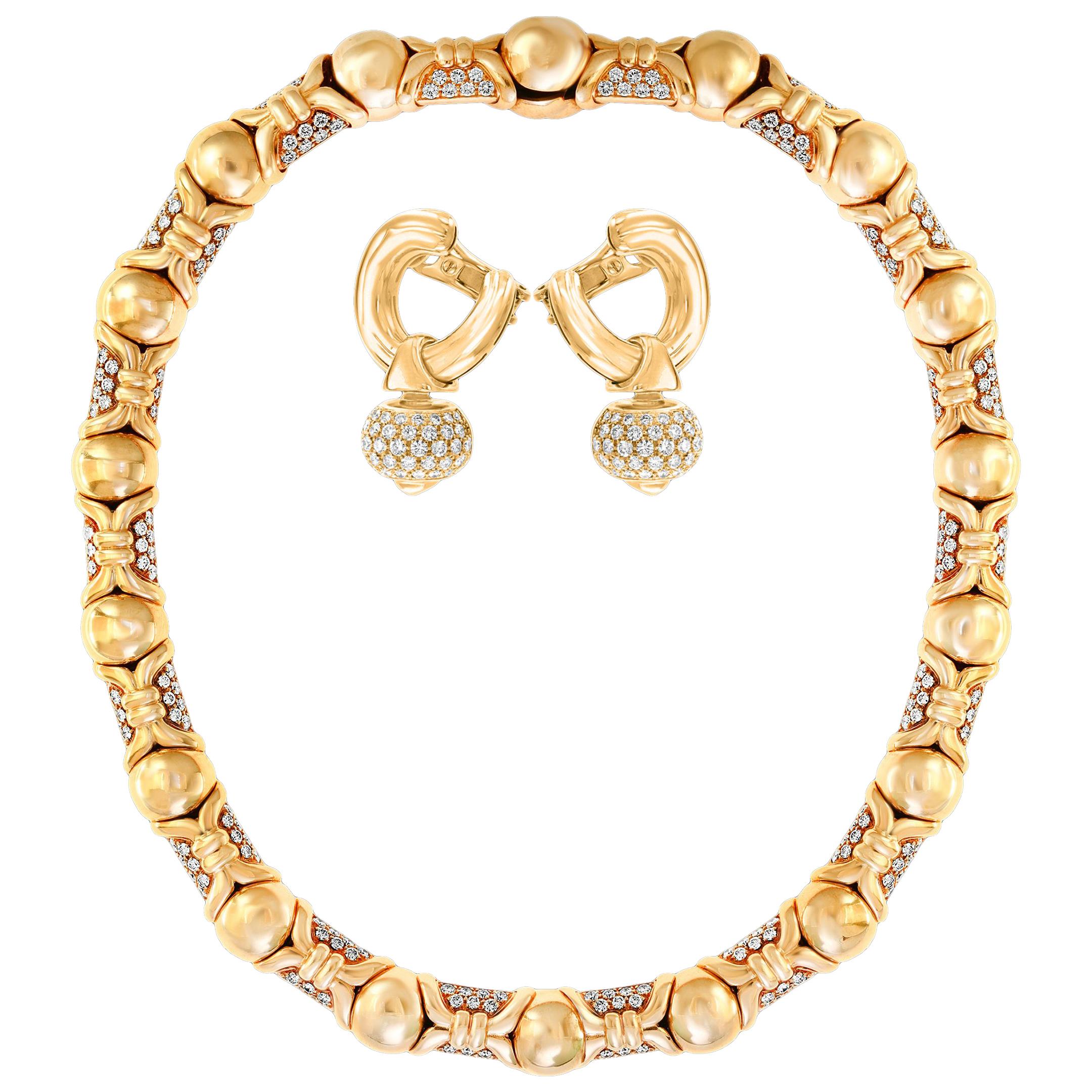 Bulgari Suite Necklace and Earrings in 18 Karat Gold and 12 Carat Diamonds