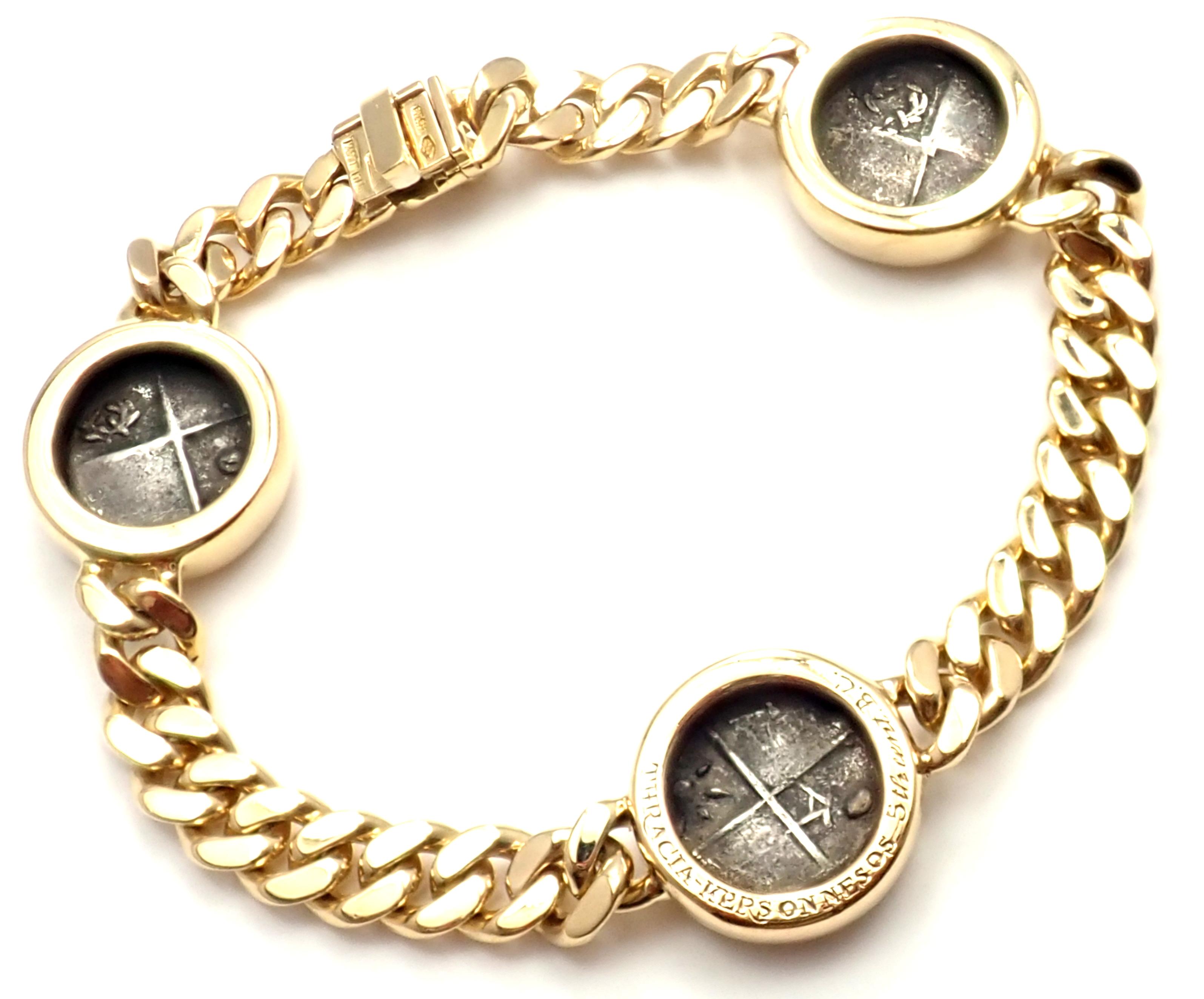18k Yellow Gold Three Coin Chain Bracelet by Bulgari. 
With three Thracia Kersonnesos 5th Cent BC
Details: 
Length: 7