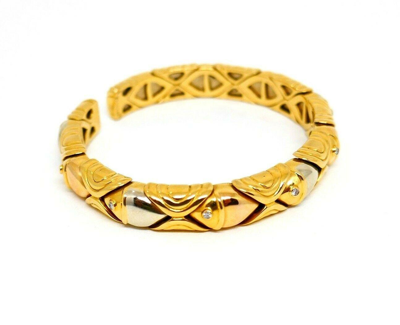 Women's Bulgari Three-Tone Gold Diamond Fish Bangle Open Bracelet