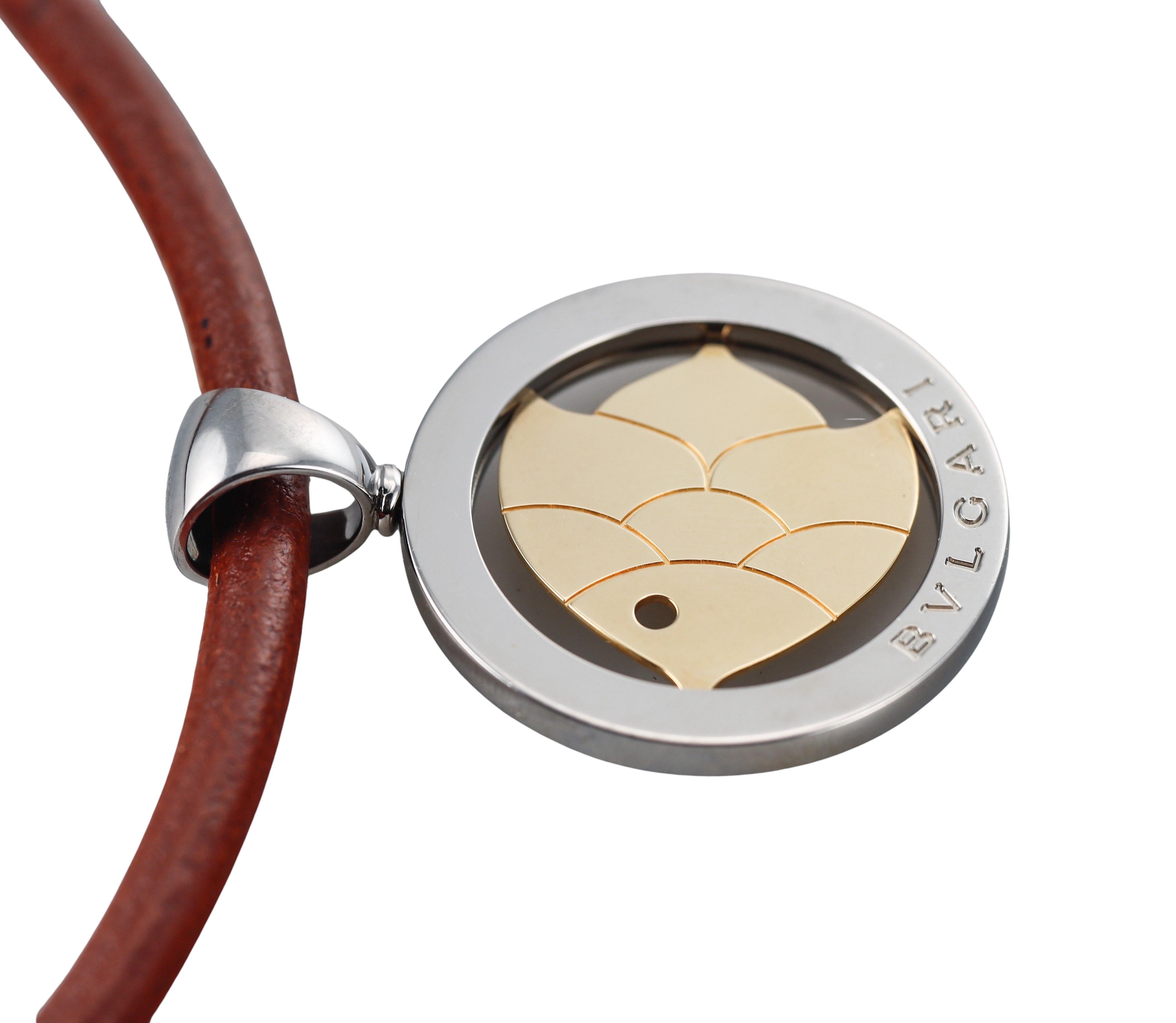 Bulgari Tondo Fish Steel and Gold Pendant Leather Cord Necklace For Sale 1