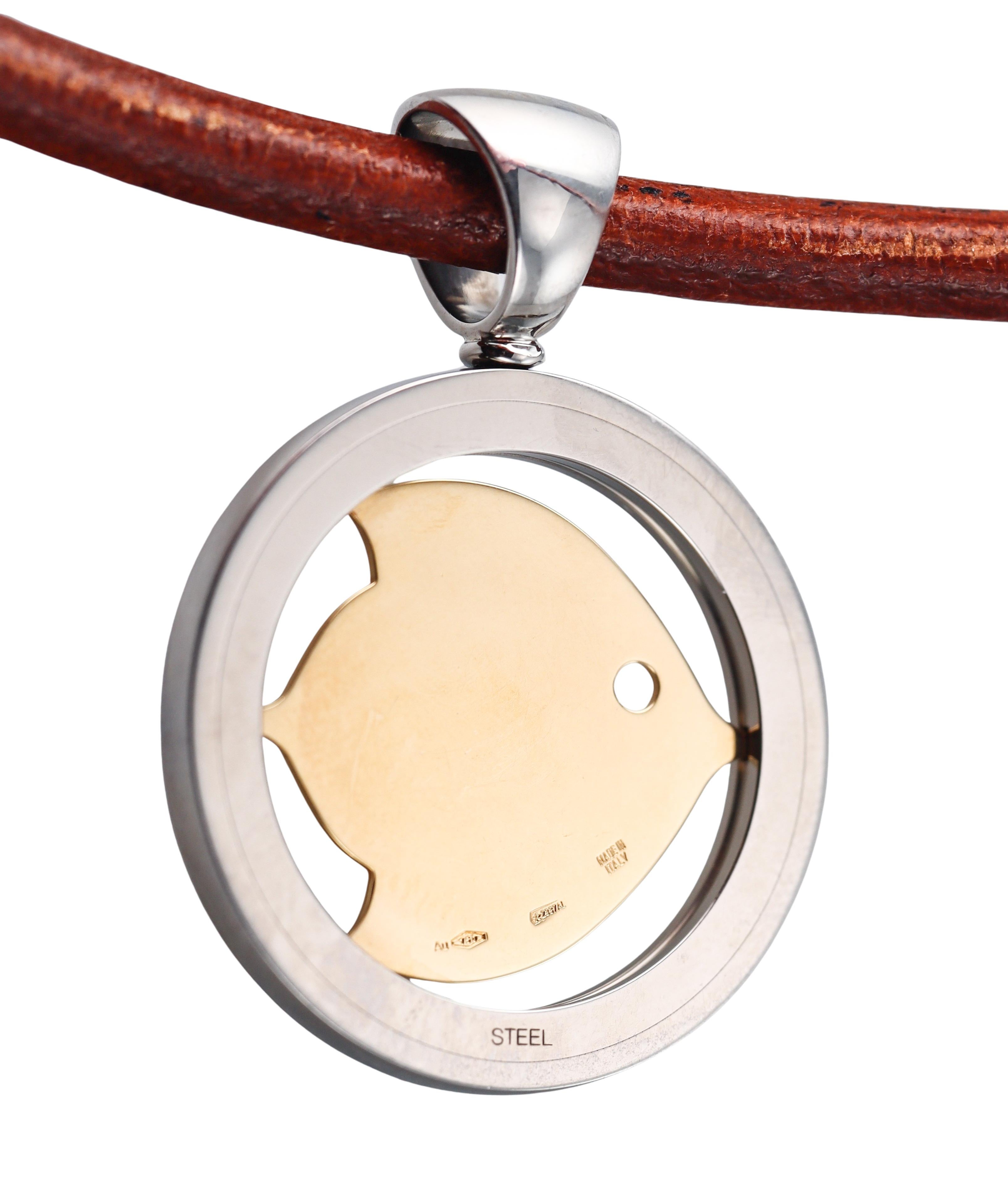 Bulgari Tondo Fish Steel and Gold Pendant Leather Cord Necklace For Sale 2