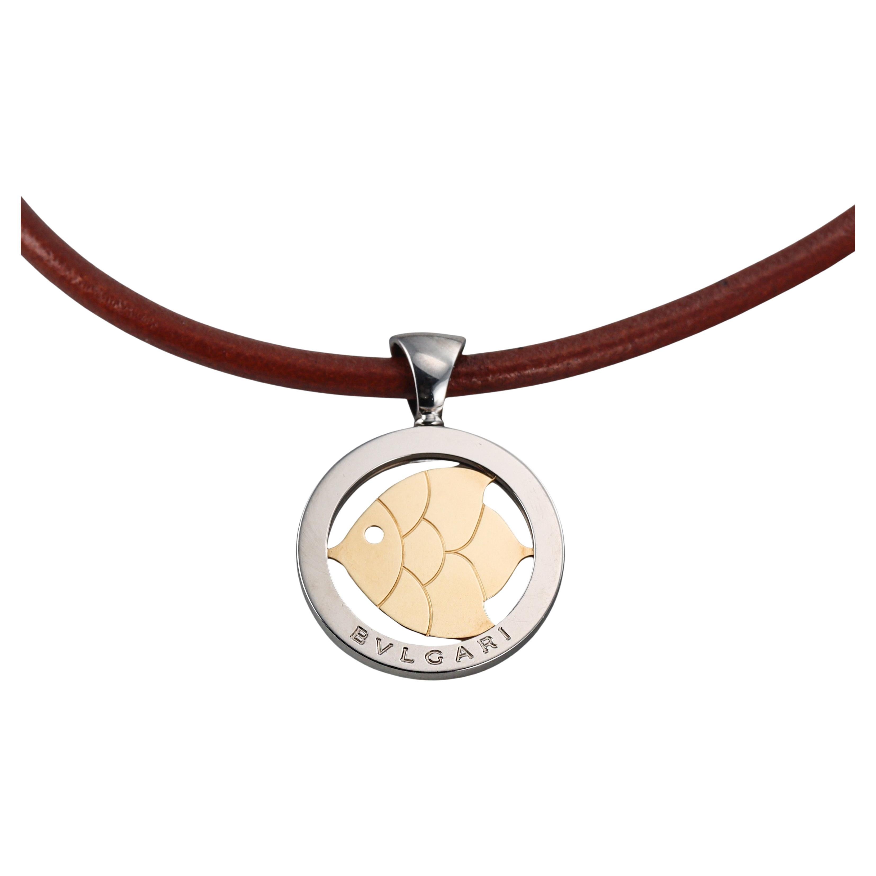 Bulgari Tondo Fish Steel and Gold Pendant Leather Cord Necklace