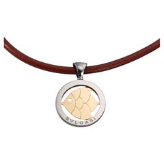 Bulgari Tondo Fish Steel and Gold Pendant Leather Cord Necklace