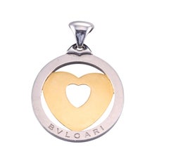 Bulgari Tondo Large Size Gold and Steel Heart Pendant Cord Necklace