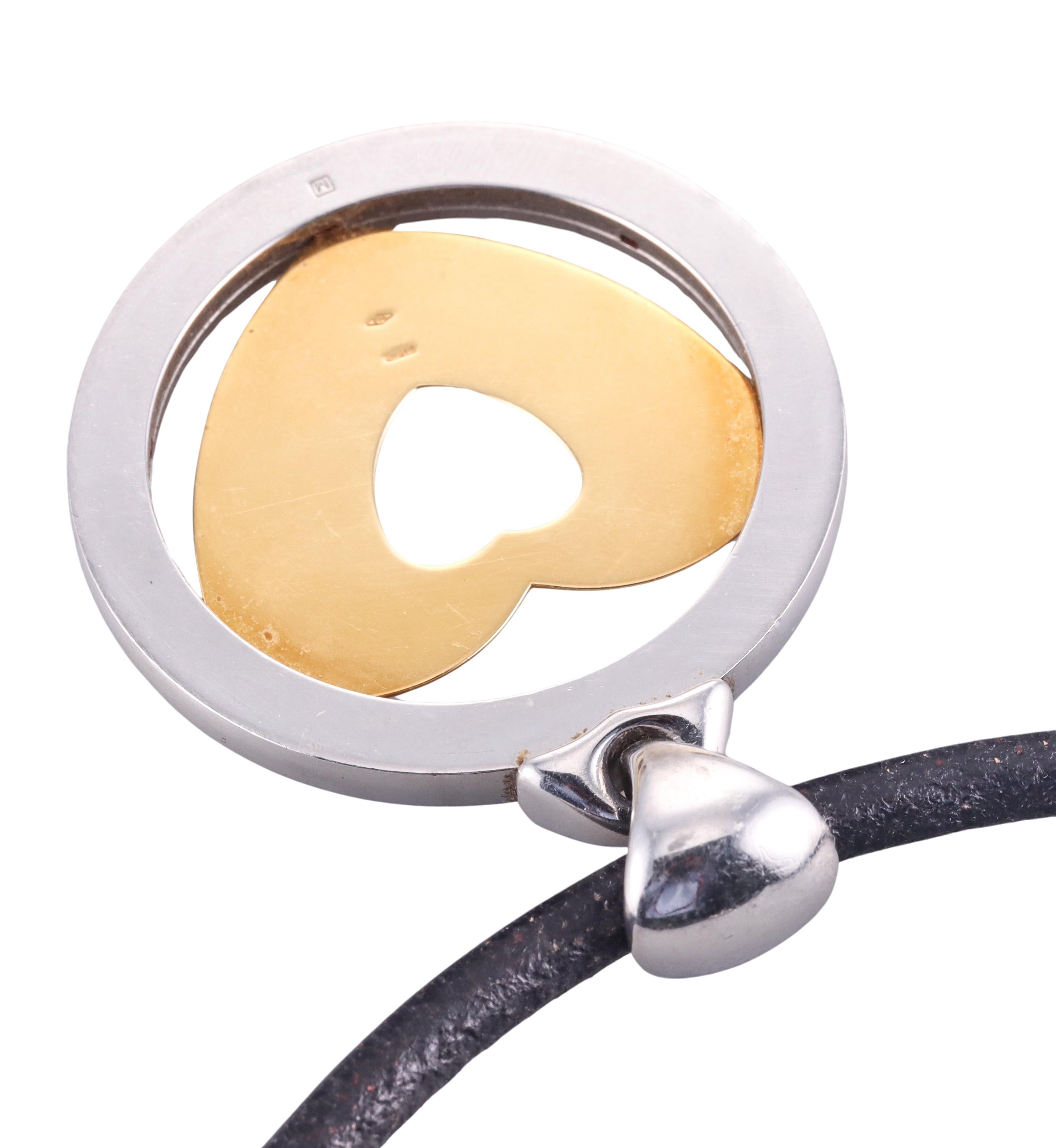Bulgari Tondo Gold and Steel Heart Pendant Cord Necklace For Sale 1