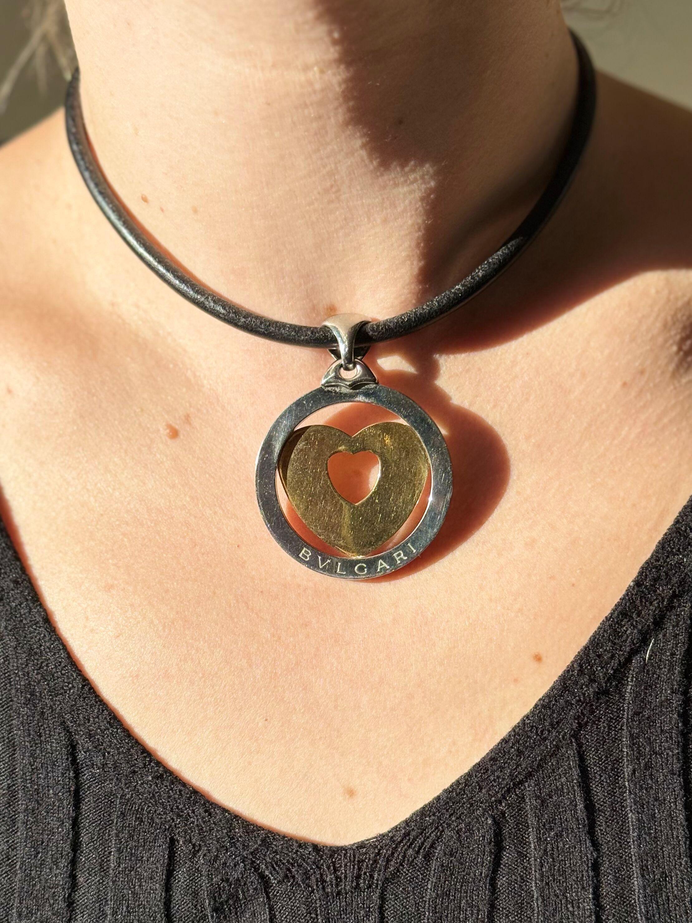 Bulgari Tondo Gold and Steel Heart Pendant Cord Necklace For Sale 3