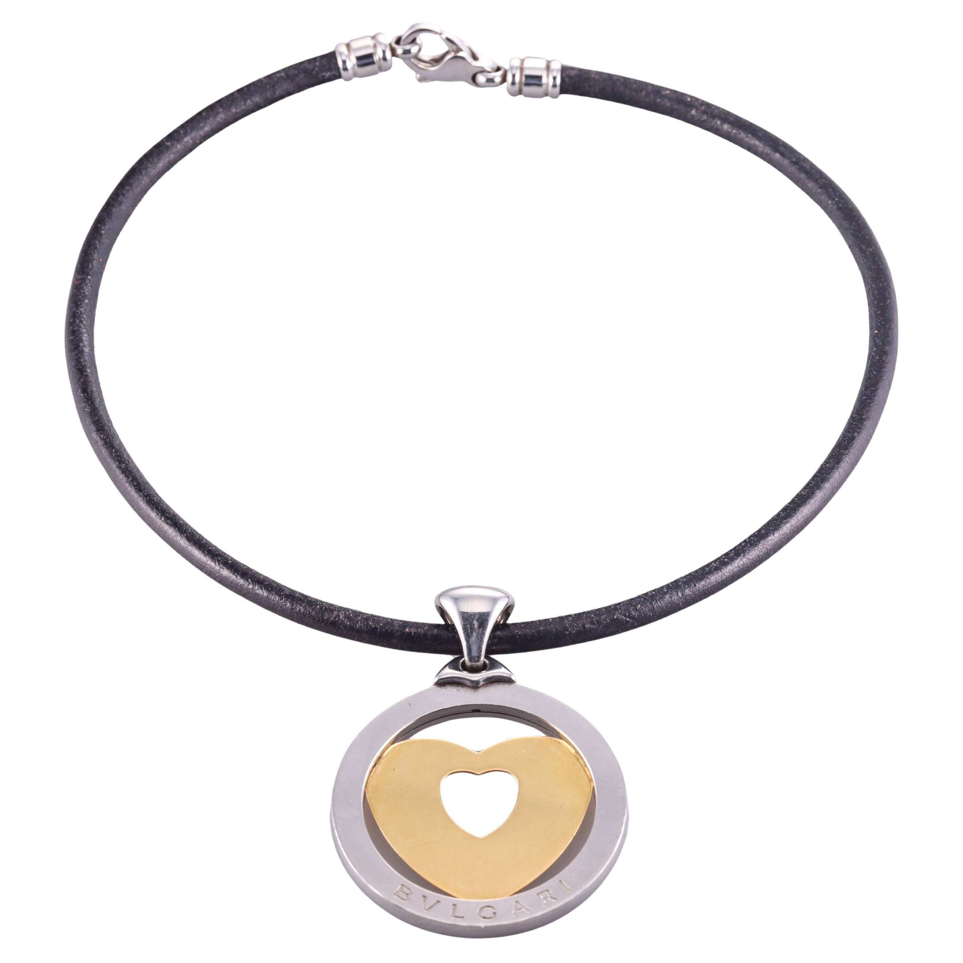 Bulgari Tondo Gold and Steel Heart Pendant Cord Necklace For Sale