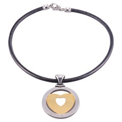 Bulgari Tondo Gold and Steel Heart Pendant Cord Necklace