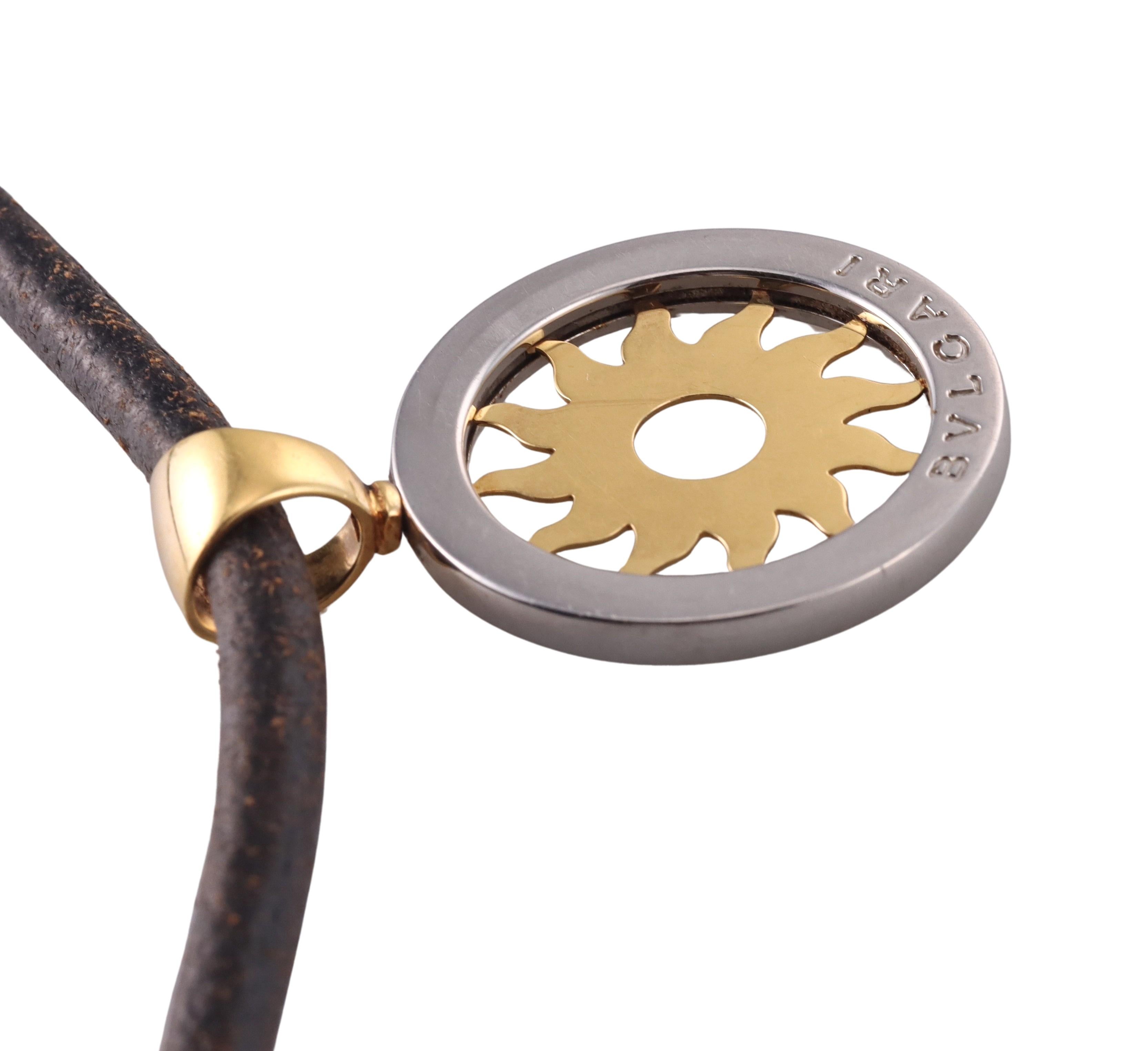 Bulgari Tondo Gold and Steel Sun Pendant Cord Necklace For Sale 2