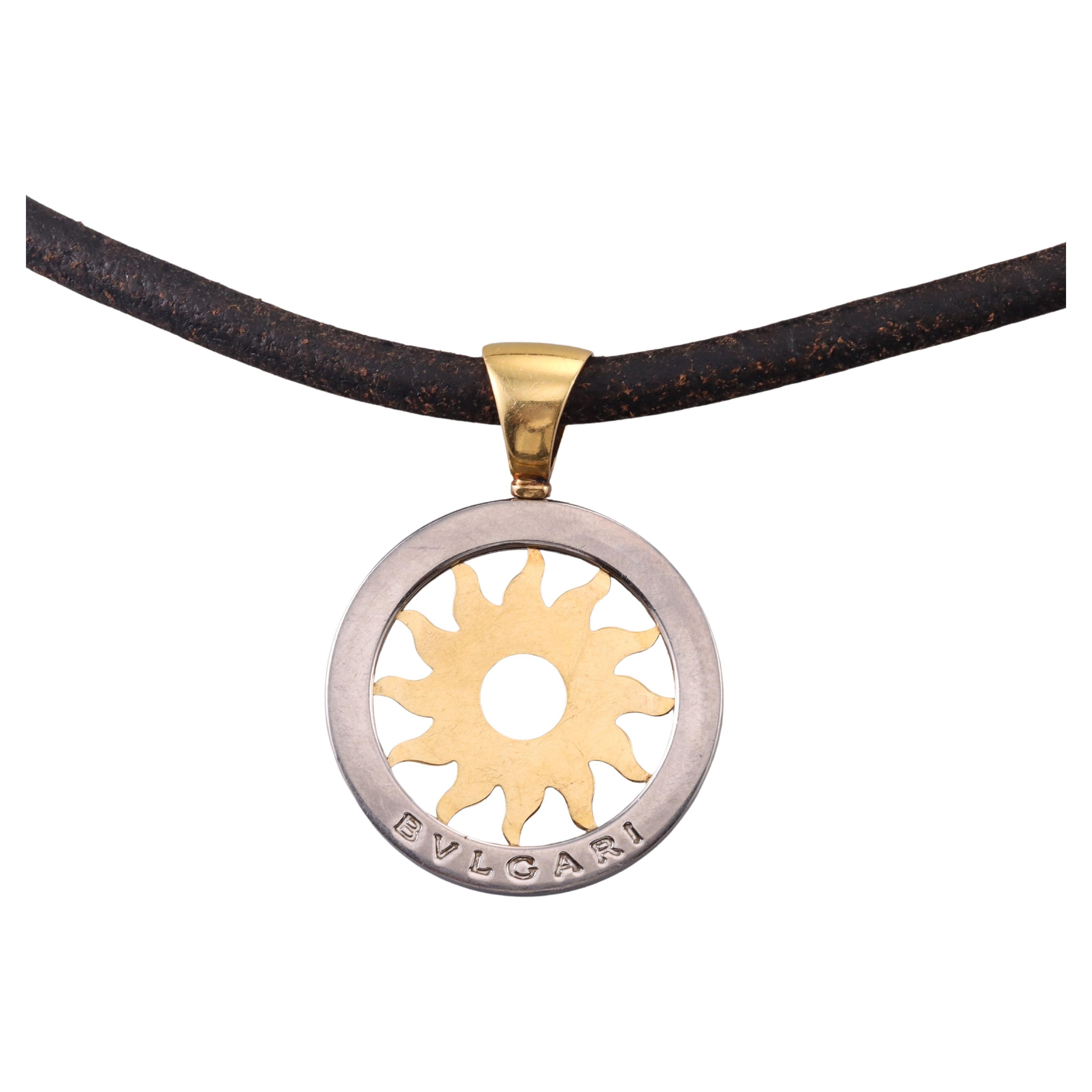 Bulgari Tondo Gold and Steel Sun Pendant Cord Necklace For Sale