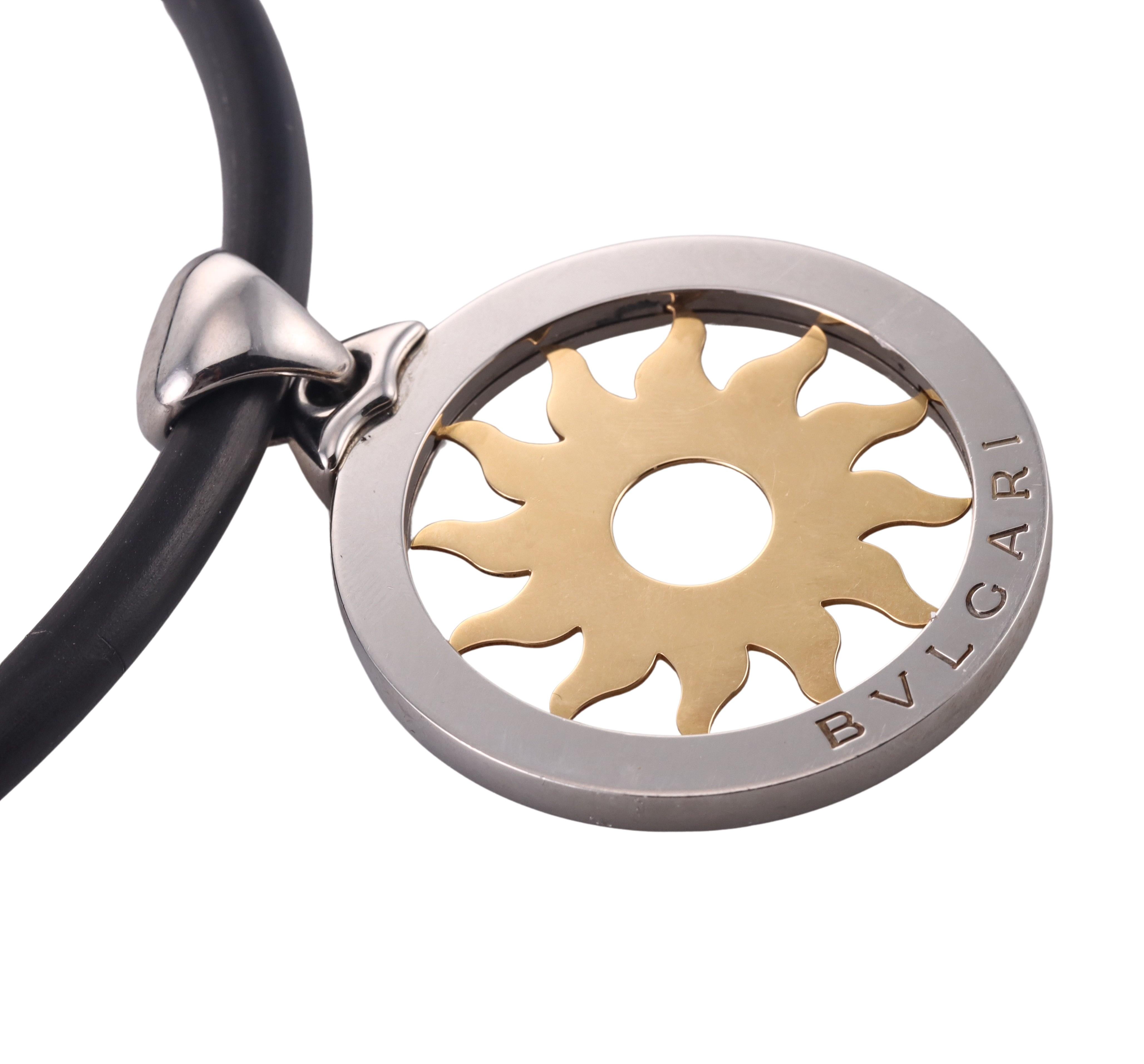 Bulgari Tondo Large Sun Gold Steel Pendant Cord Necklace For Sale 2
