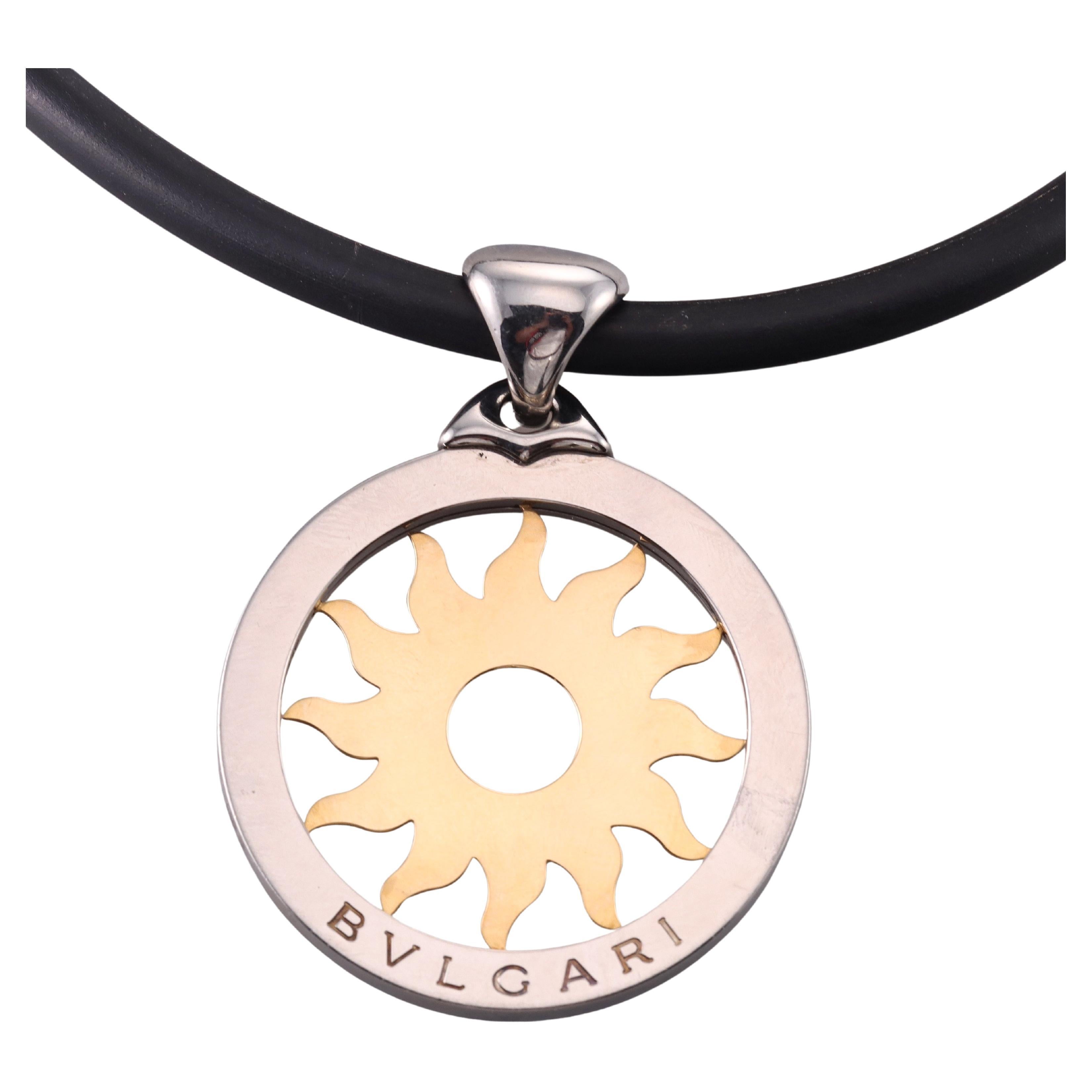 Bulgari Tondo Large Sun Gold Steel Pendant Cord Necklace For Sale