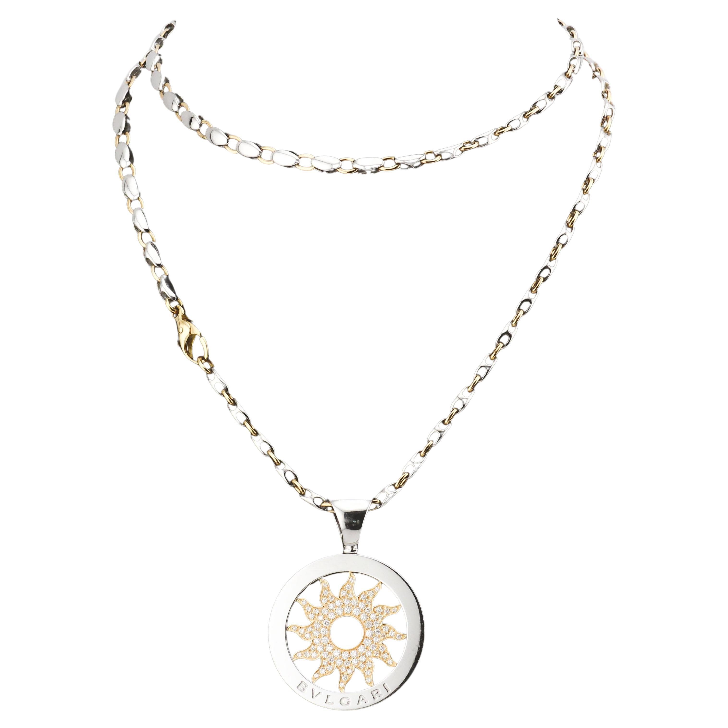 BULGARI Tondo Sun Diamond 18k Gold Steel Pendant Long Necklace