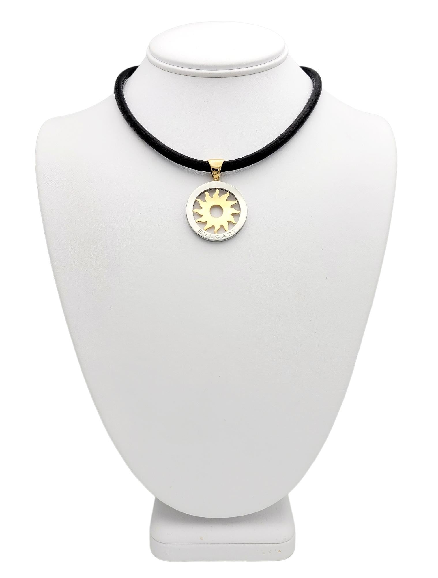 Bulgari Tondo Sun Pendant Leather Necklace in 18k Yellow Gold & Stainless Steel 8