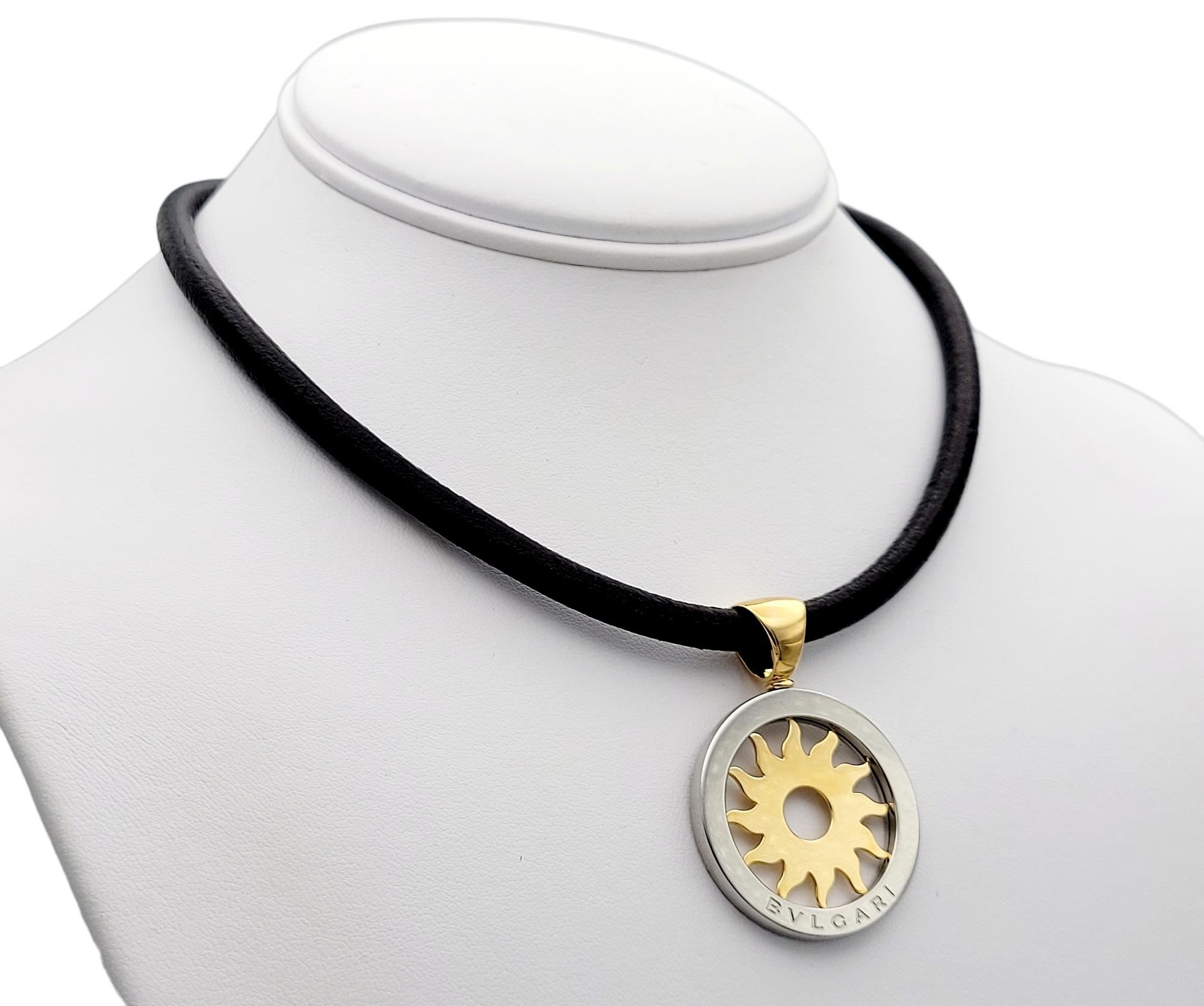 Bulgari Tondo Sun Pendant Leather Necklace in 18k Yellow Gold & Stainless Steel 9