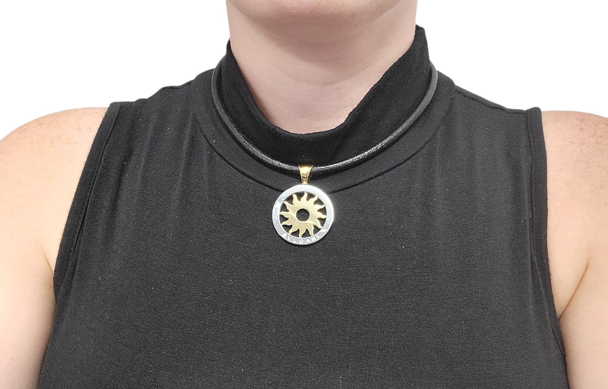 Bulgari Tondo Sun Pendant Leather Necklace in 18k Yellow Gold & Stainless Steel 11