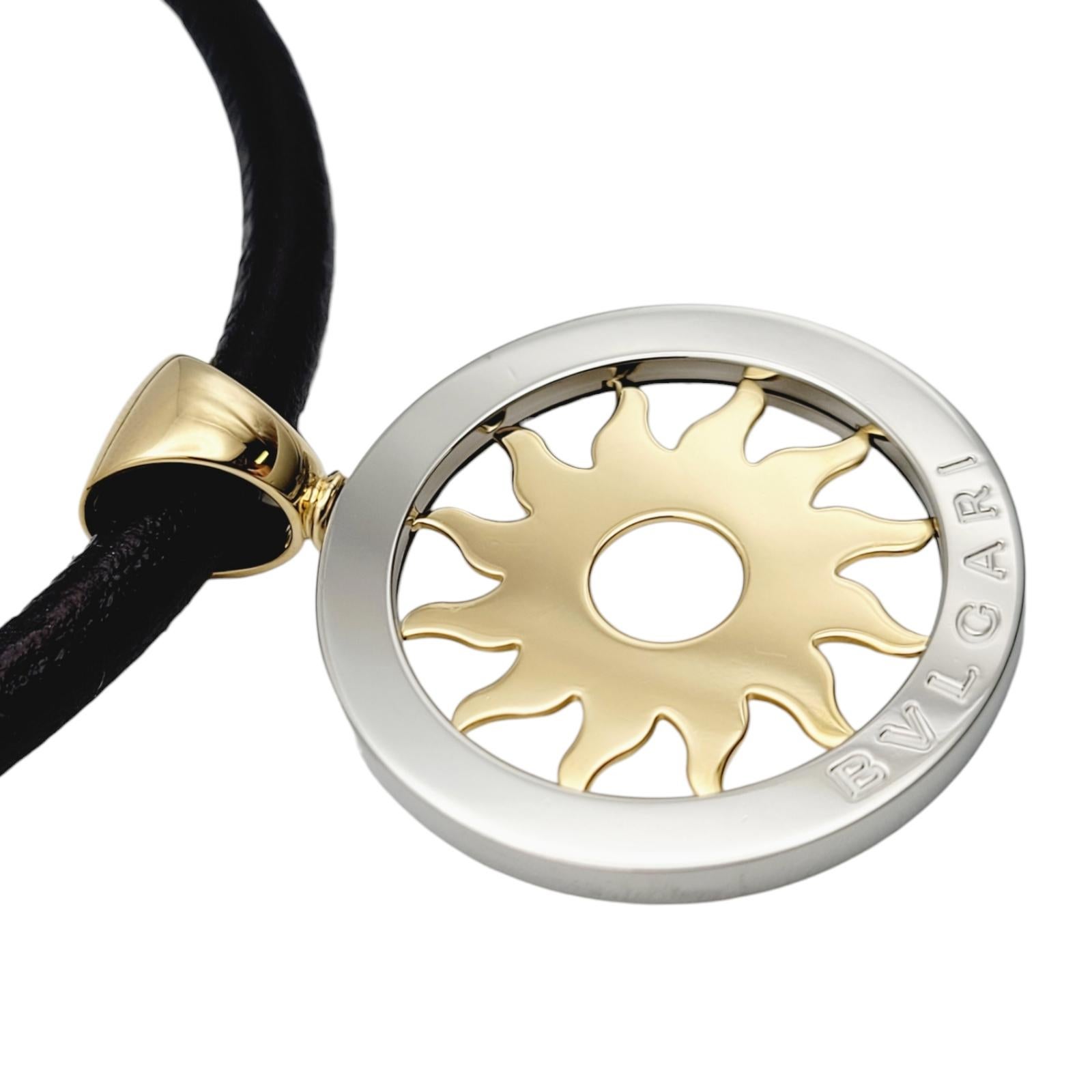 Contemporary Bulgari Tondo Sun Pendant Leather Necklace in 18k Yellow Gold & Stainless Steel