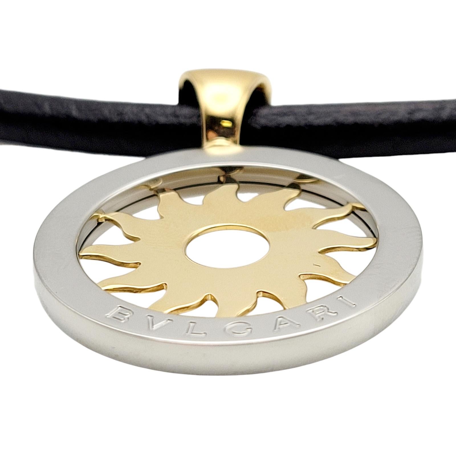 Women's Bulgari Tondo Sun Pendant Leather Necklace in 18k Yellow Gold & Stainless Steel