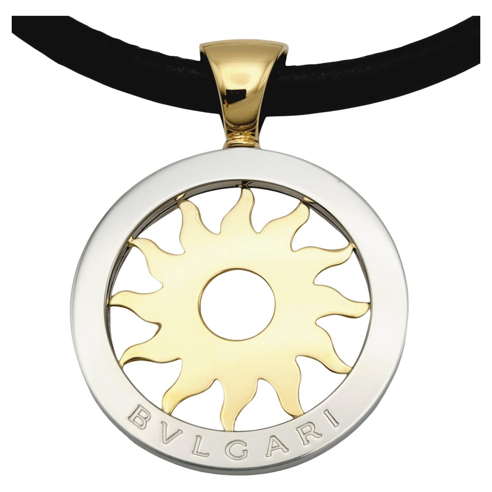 Bulgari Tondo Sun Pendant Leather Necklace in 18k Yellow Gold and Stainless  Steel at 1stDibs