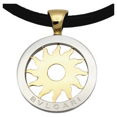 Bulgari Tondo Sun Pendant Leather Necklace in 18k Yellow Gold & Stainless Steel