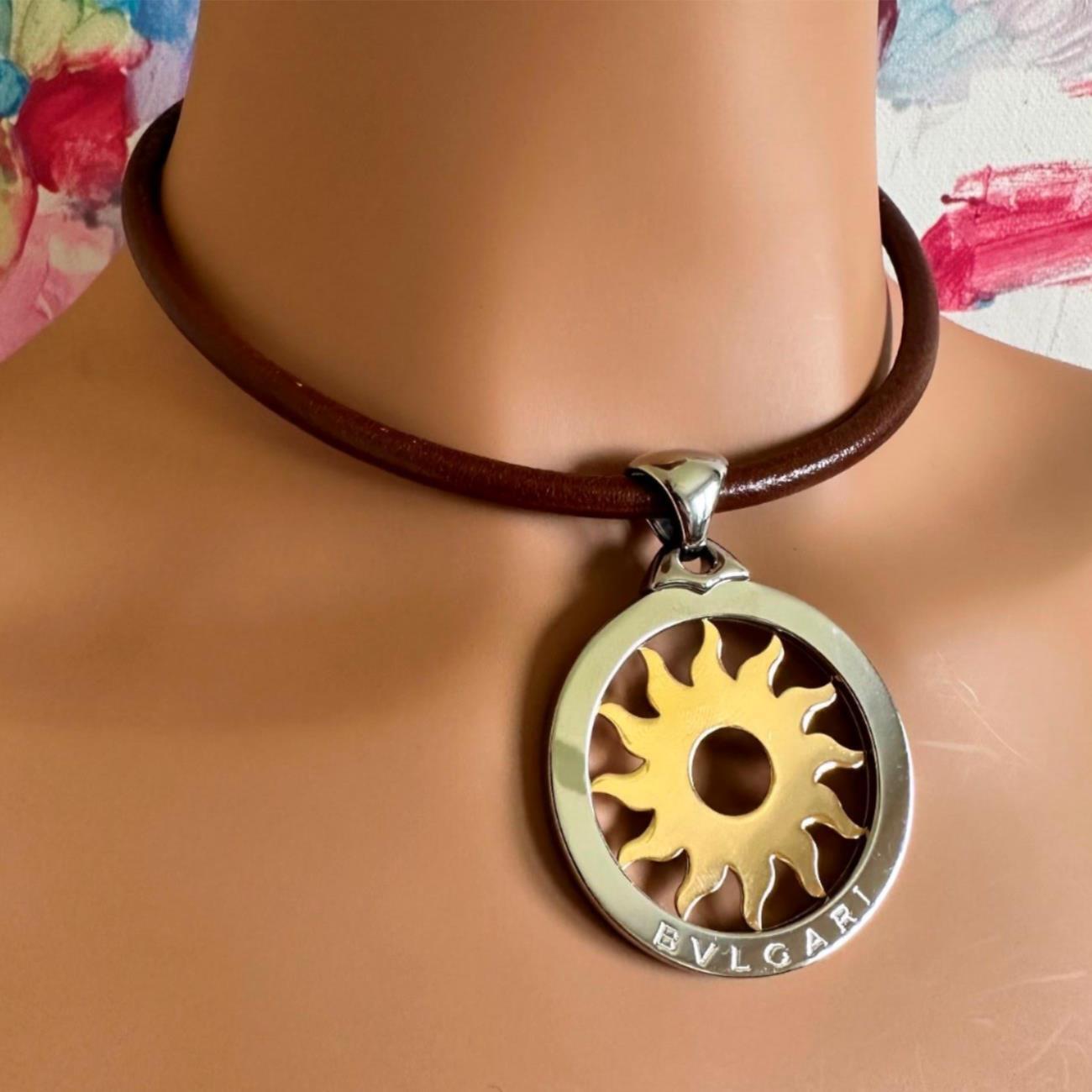 Bulgari Tondo Sun Yellow Gold Stainless Steel Extra Large Pendant Necklace In Excellent Condition For Sale In Holland, PA