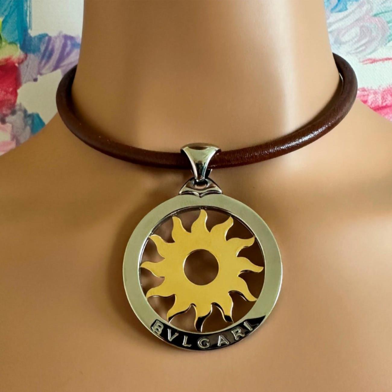Bulgari Tondo Sun Yellow Gold Stainless Steel Extra Large Pendant Necklace For Sale 3