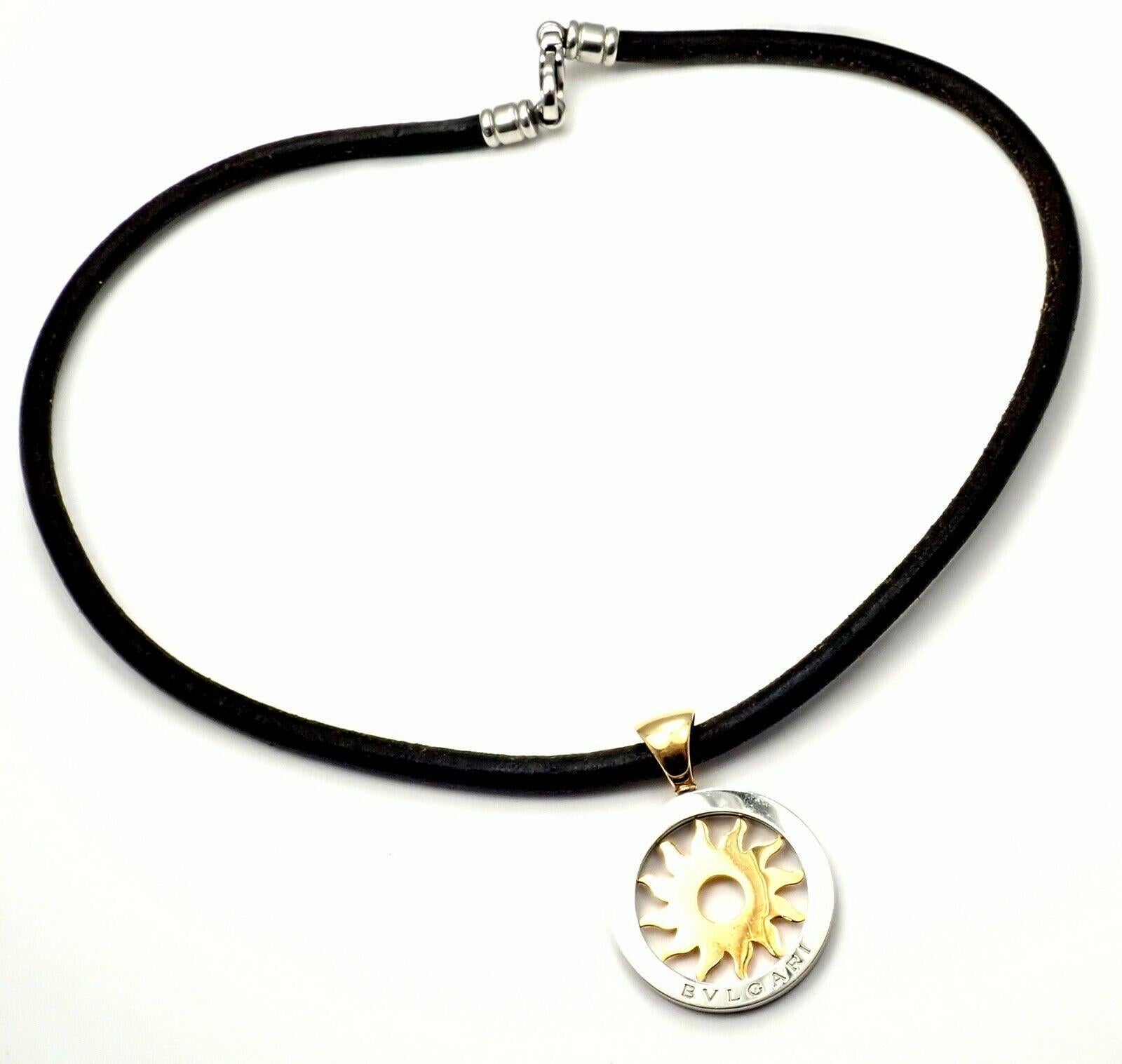 18k yellow gold and stainless steel Tondo Sun pendant necklace by Bulgari.
Details:
Leather Length: 19